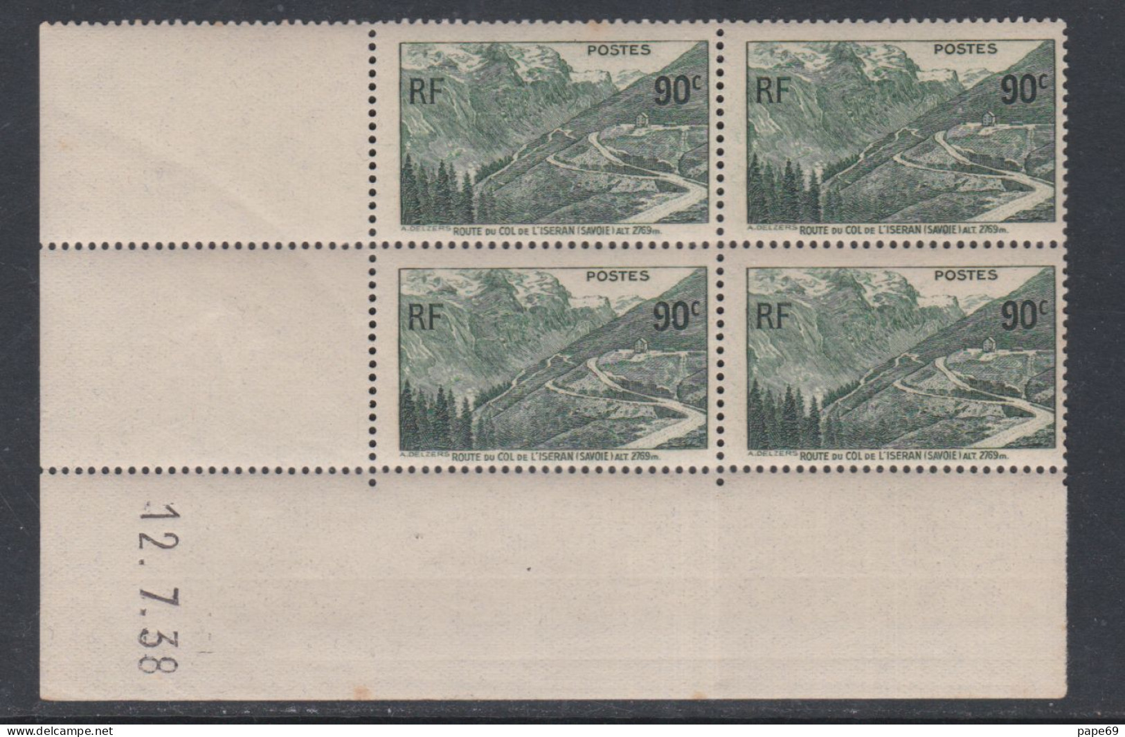 France N° 358 XX Ouverture Route Du Col De L'Iseran En Boc De 4 Coin Daté Du 12 . 2 . 38, Sans Charnière, TB, TB - 1930-1939