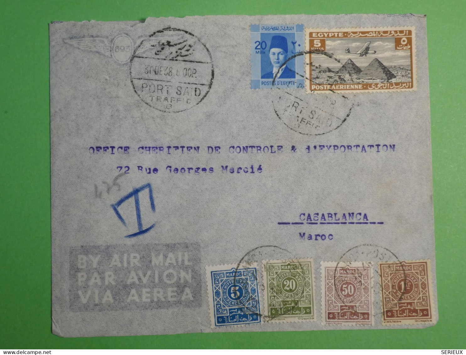 DN10 EGYPTE BELLE   LETTRE   1930 PORT SAID   A CASA MAROC +TAXES  + AFF.  INTERESSANT++ - Cartas & Documentos