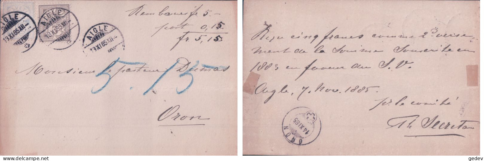 Suisse, Carte Remboursement Timbre Type Chiffre N°56 Et 59A Cachet Aigle Pour Oron, 13.11.1885 - Brieven En Documenten