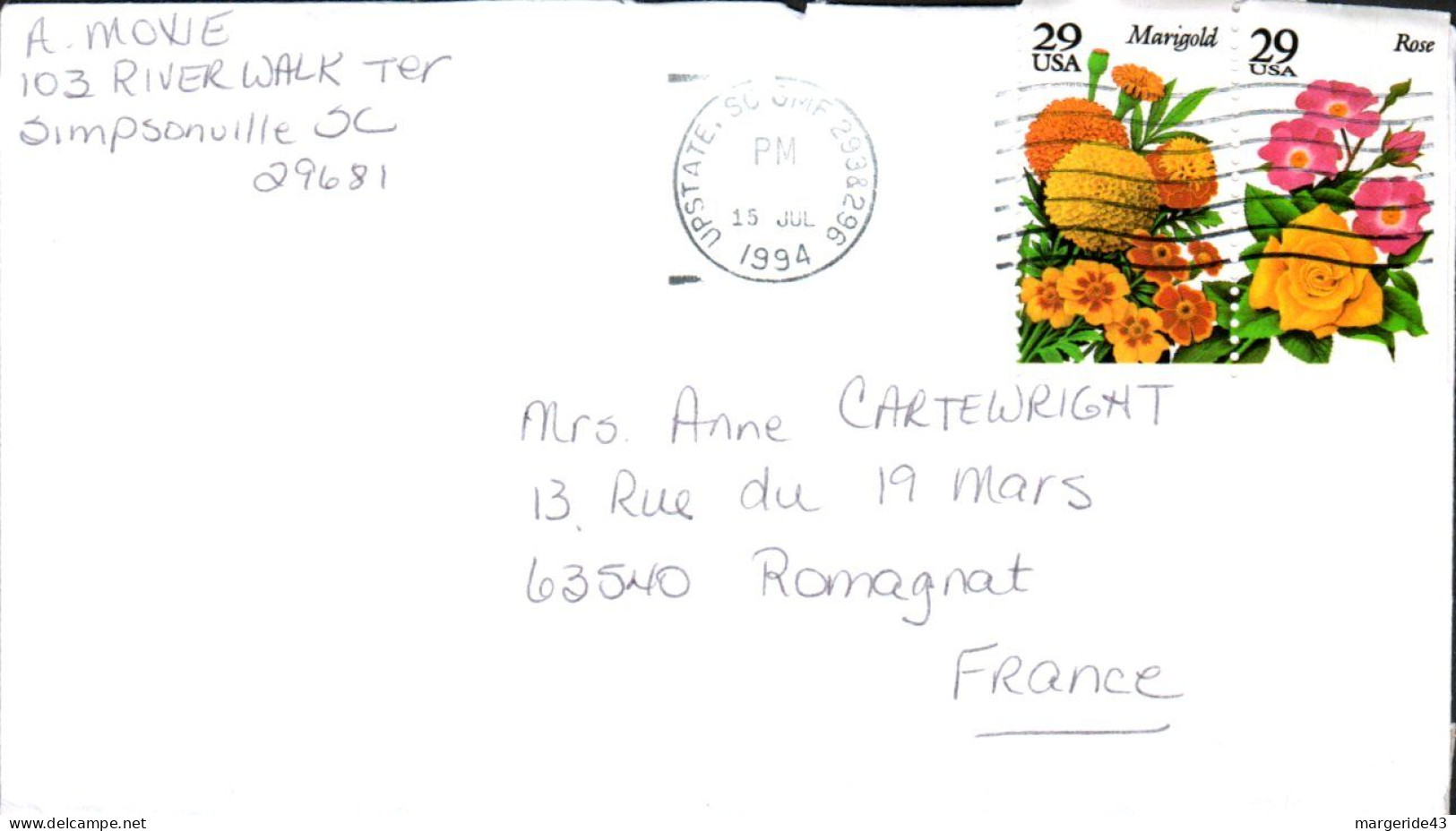 USA ETATS UNIS AFFRANCHISSEMENT COMPOSE SUR LETTRE POUR LA FRANCE 1994 - Covers & Documents