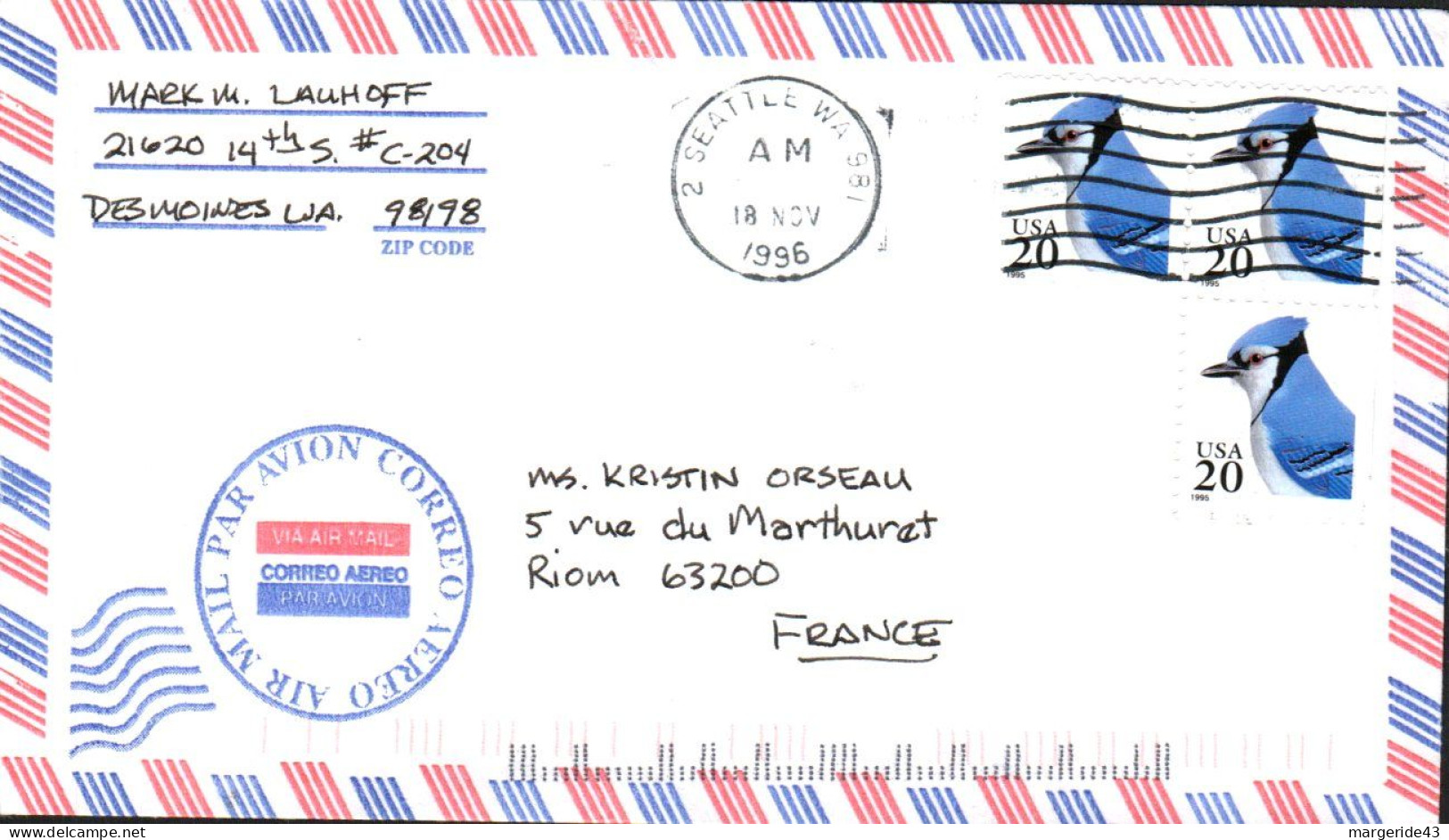 USA ETATS UNIS AFFRANCHISSEMENT COMPOSE SUR LETTREDE SEATTLE POUR LA FRANCE 1996 - Cartas & Documentos