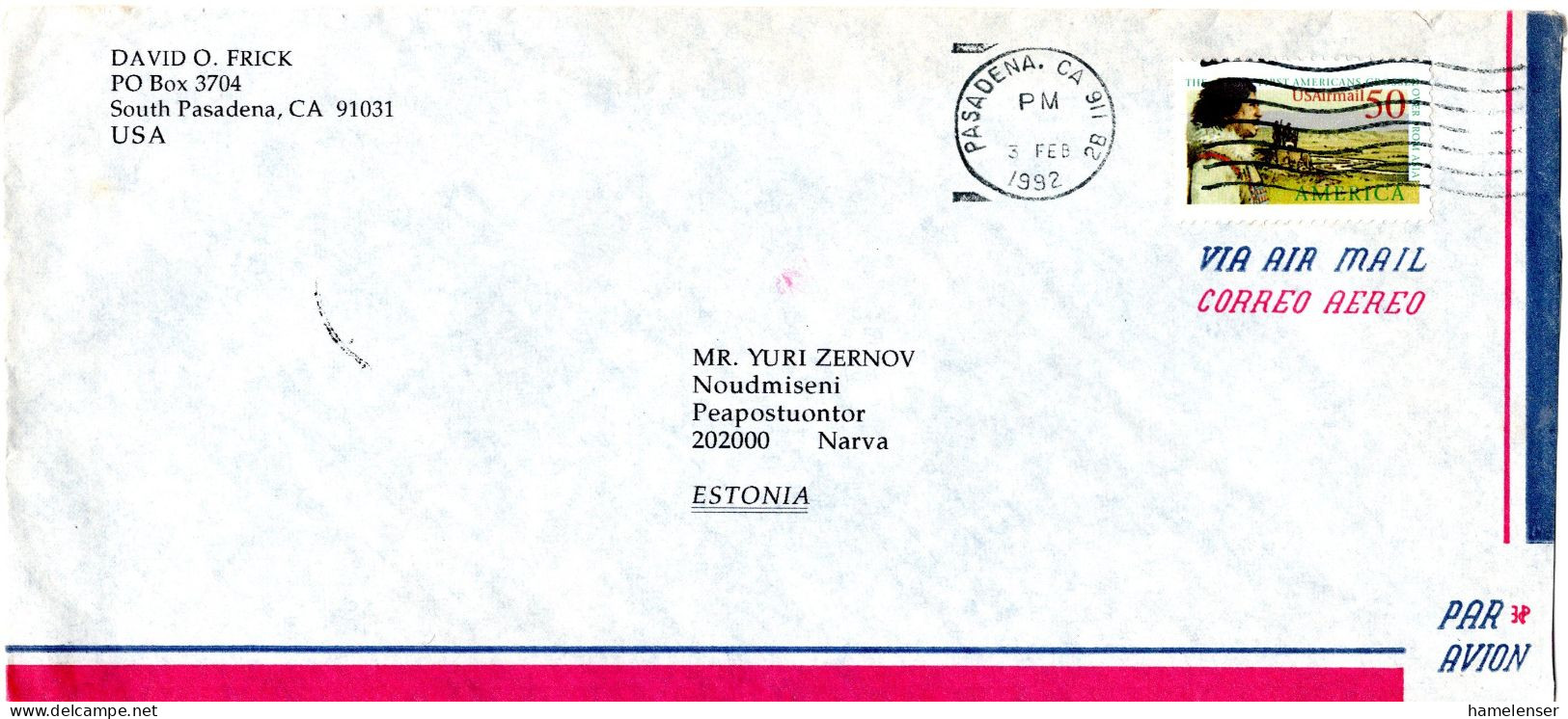 L77518 - USA - 1992 - 50¢ Besiedlung EF A LpBf PASADENA, CA -> NARVA (Estland) - Covers & Documents