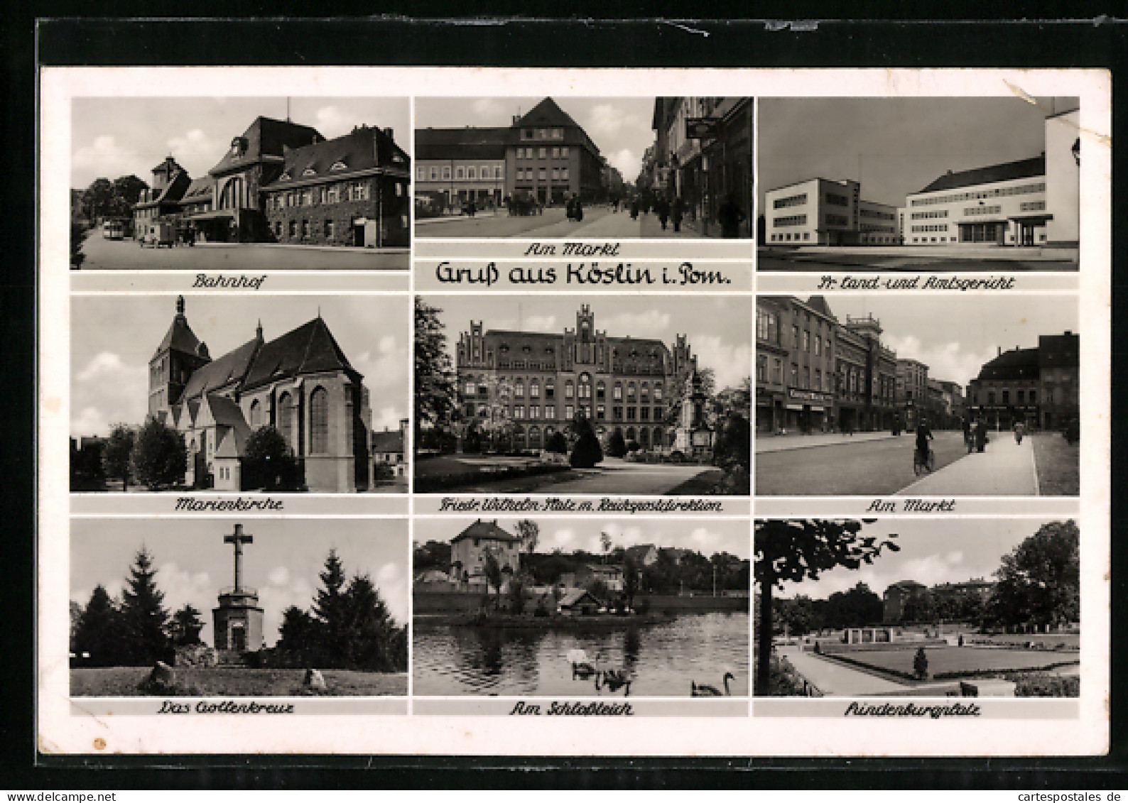 AK Köslin, Bahnhof, Marienkirche, Hindenburgplatz  - Pommern