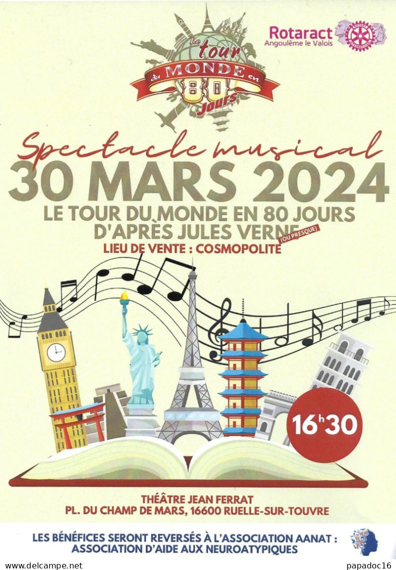 Flyer - Le Tour Du Monde En 80 Jours D'après Jules Verne - Spectacle Musical - Ruelle-sur-Touvre - 30 Mars 2024 - Werbung