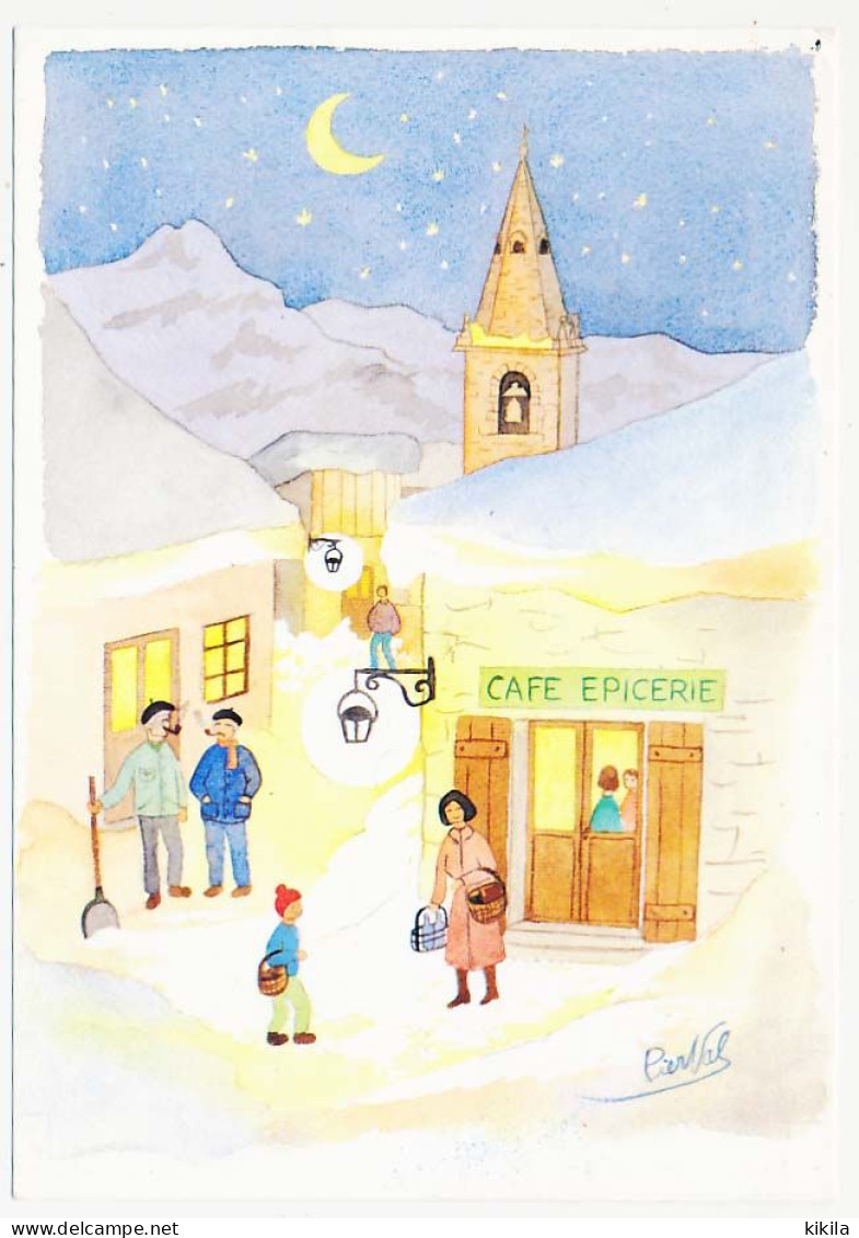 CPSM 10.5 X 15 Aquarelle De PIER VAL La Nuit Est Tombée  Images De Chez Nous Village Clocher église Café épicerie - Pittura & Quadri