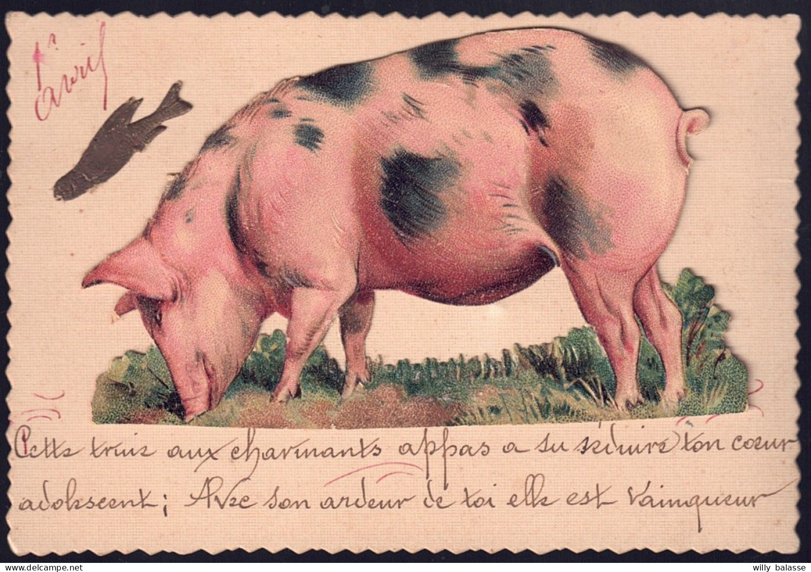 +++ Petite Carte - 1er Avril - Découpi Cochon - Chromo - Pig  // - 1° Aprile (pesce Di Aprile)