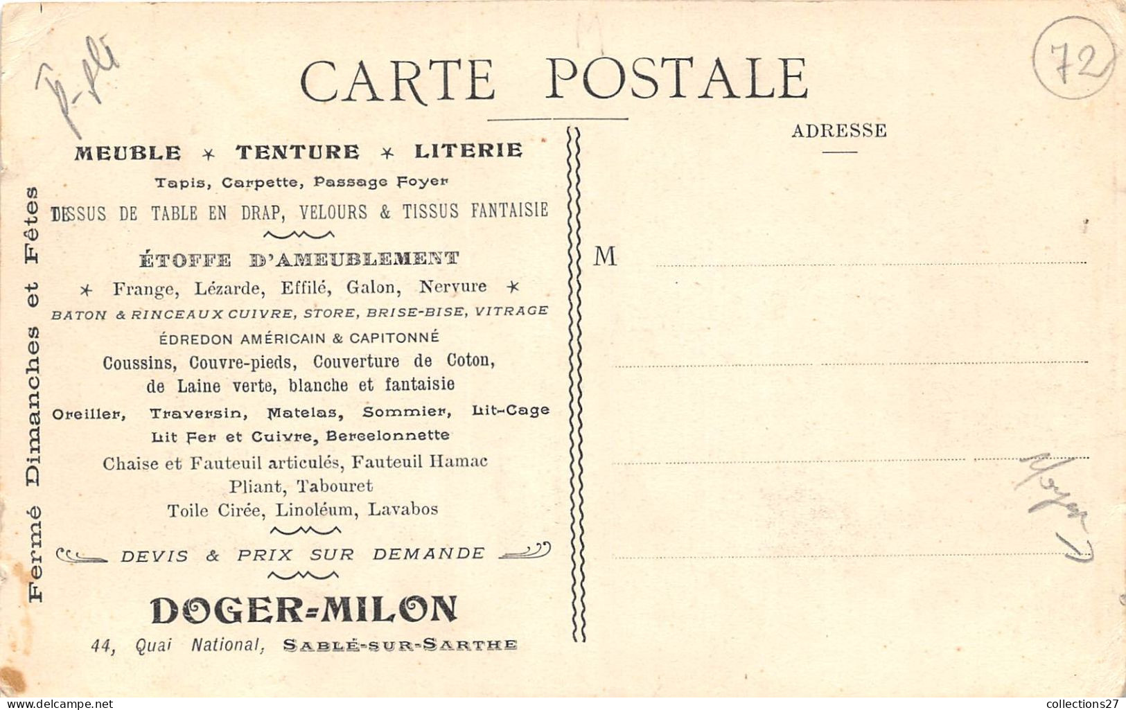 72-SABLE-SUR-SARTHE- DOGER = MILON- 44 QUAI NATIONAL- MAGASIN DE MEUBLE- TENTURES ET LITERIE ET MULTIVUES - Sable Sur Sarthe