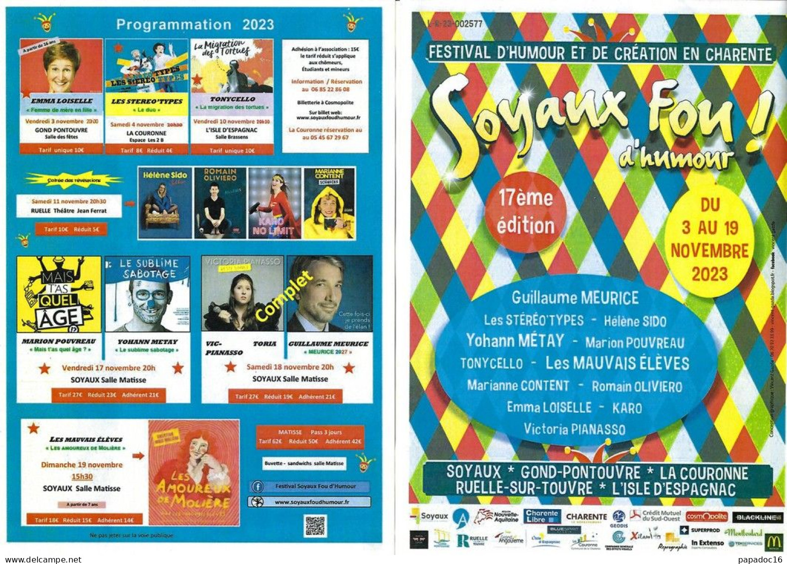 Flyer - Soyaux Fou D'humour ! - 17e Festival D'humour Et De Création En Charente - 3-19 Novembre 2023 - Werbung