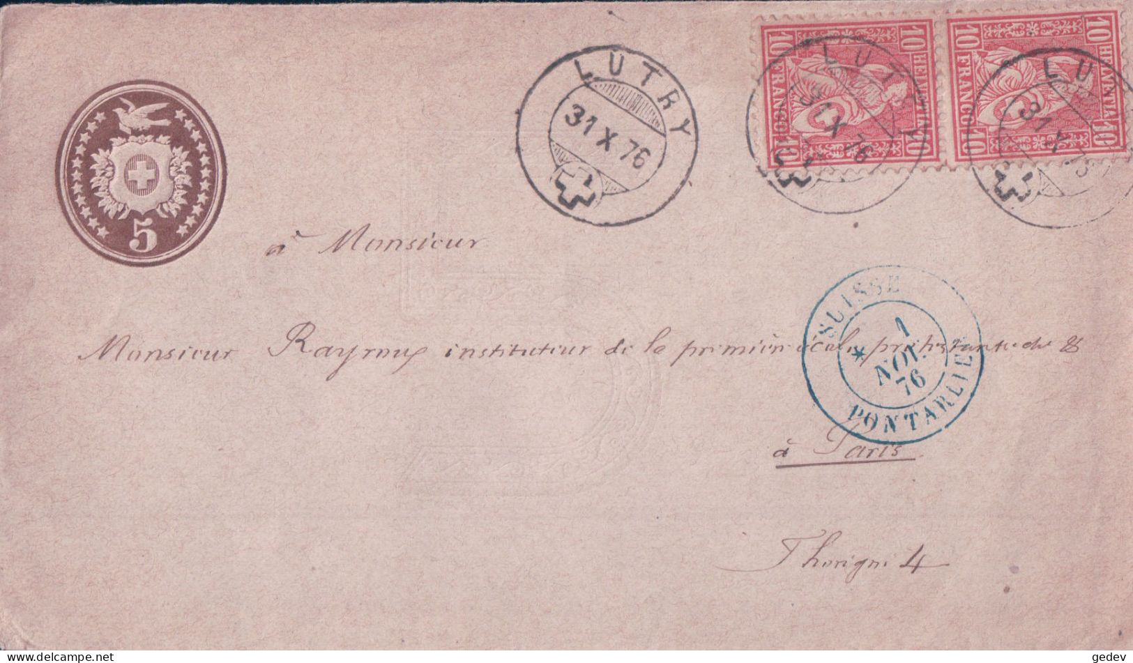 Suisse, Lettre Entier Postal 5 Ct + Timbres, Lutry - Pontarlier - Paris 31.X.1876 - Postwaardestukken