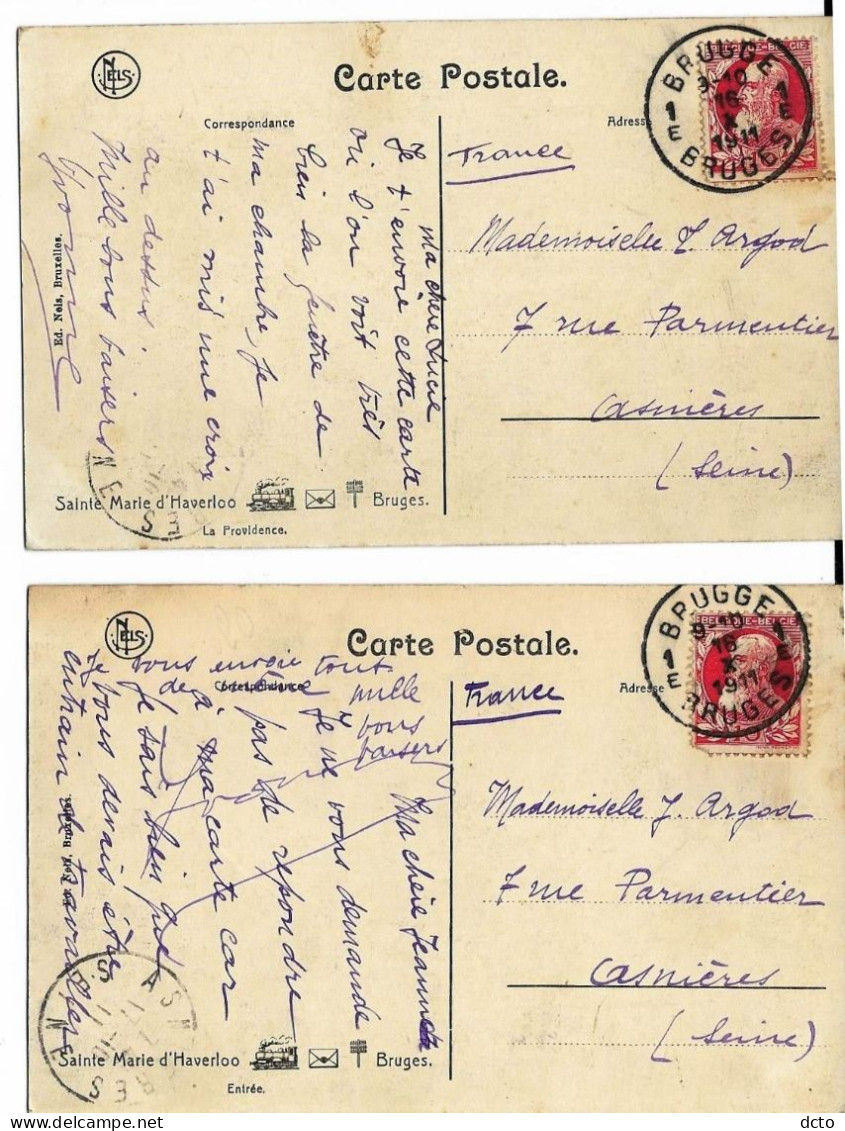 2 Cpa BRUGES Sainte Marie D'Haverloo Entrée & La Providence, Envoi 1911 - Brugge