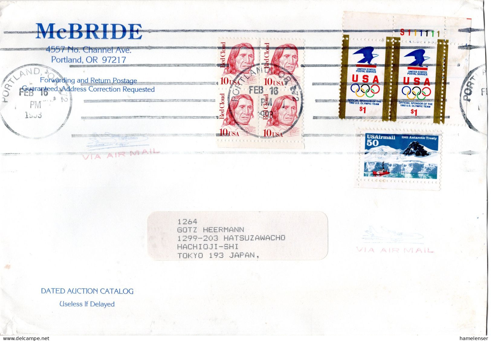 L77522 - USA - 1993 - 2@$1 Olympia '92 MiF A LpBf PORTLAND, OR -> Japan - Lettres & Documents