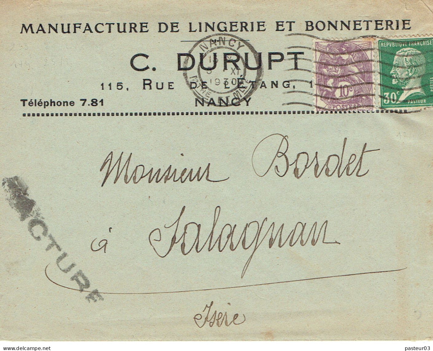 Tarifs Postaux France Du 09-08-1926 (130) Pasteur N° 174 30 C.  + 10 C. Blanc Factures 40 C. 05-11-1930 - 1922-26 Pasteur