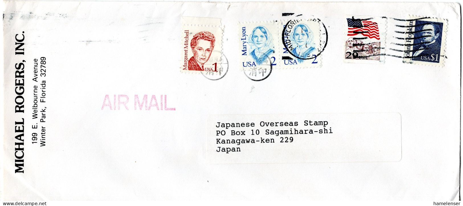 L77523 - USA - 1991 - $1 Hopkins MiF A LpBf MIAMI, FL -> SAGAMIHARA (Japan), M Nachtraeglich-entwertet-Stpl - Covers & Documents