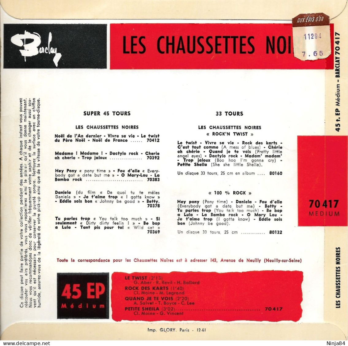 EP 45 RPM (7") Les Chaussettes Noires / Gene Vincent   "  Le Twist  " - Autres - Musique Française