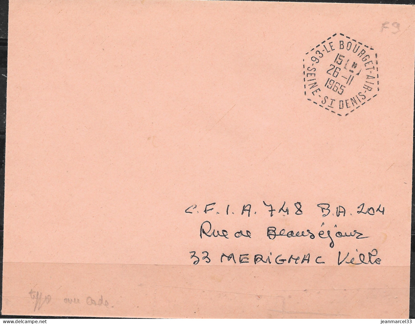 Cachet Manuel Type F9 93-le Bourget-Air 26-II I965 EN Franchise - Poste Aérienne Militaire