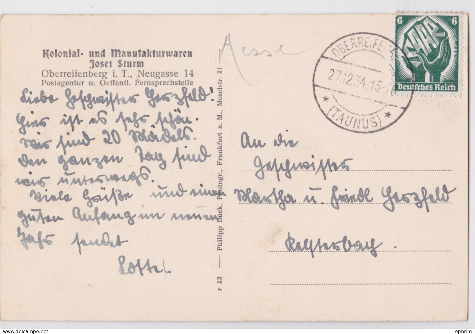 Höhenluftkurort Oberreifenberg Taunus Kolonial Und Manufakturwaren Josef Sturm Saar Deutsches Reich Briefmarke Stempel - Taunus