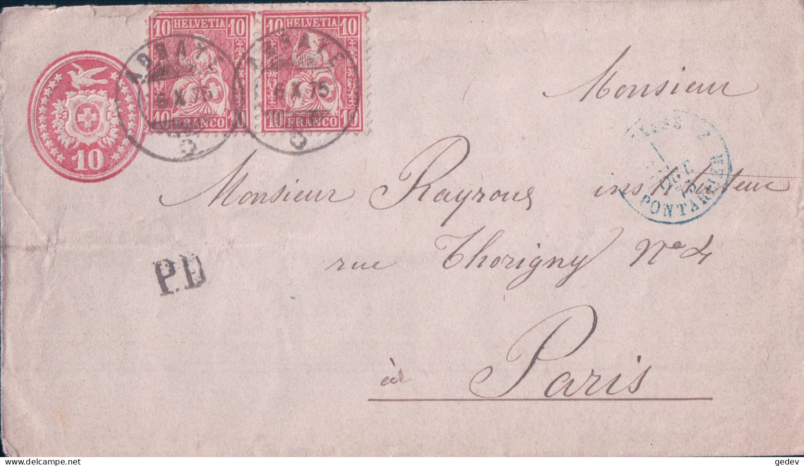 Suisse, Lettre Entier Postal 10 Ct + Timbres Et P.D. Noir, Abbaye - Pontarlier - Paris 6 X 1875 - Ganzsachen