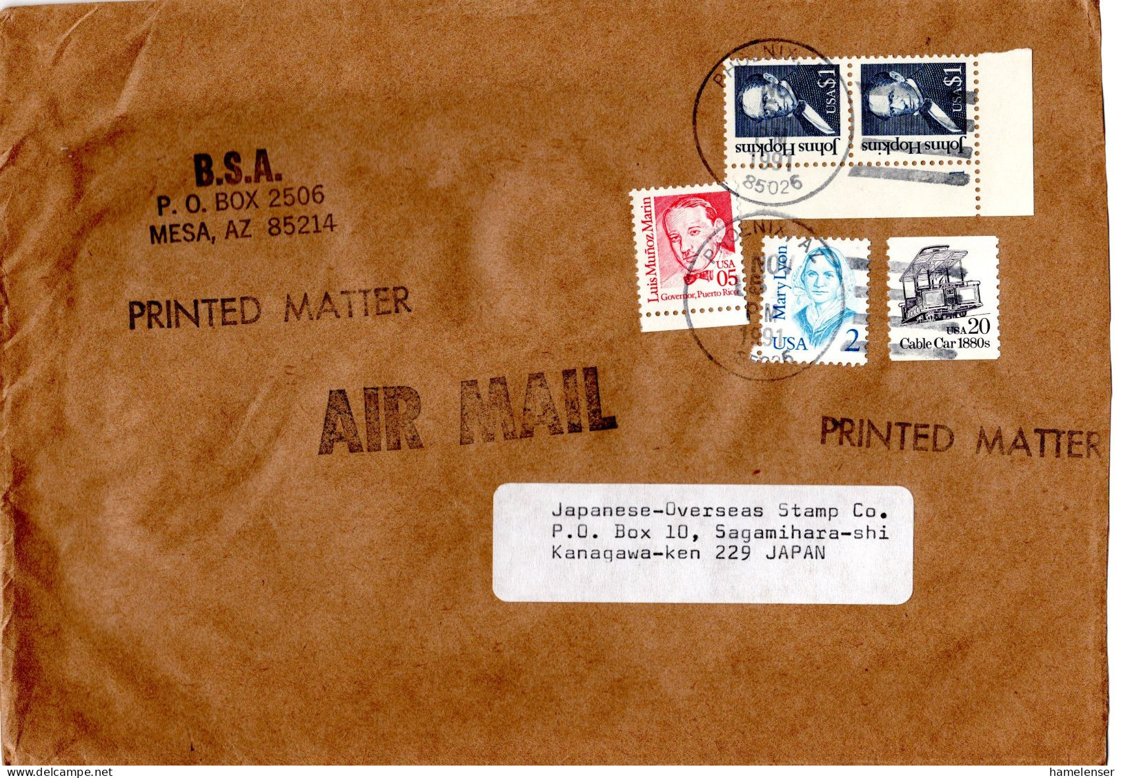 L77526 - USA - 1991 - 2@$1 Hopkins MiF A LpBf PHOENIX, AZ -> Japan - Covers & Documents