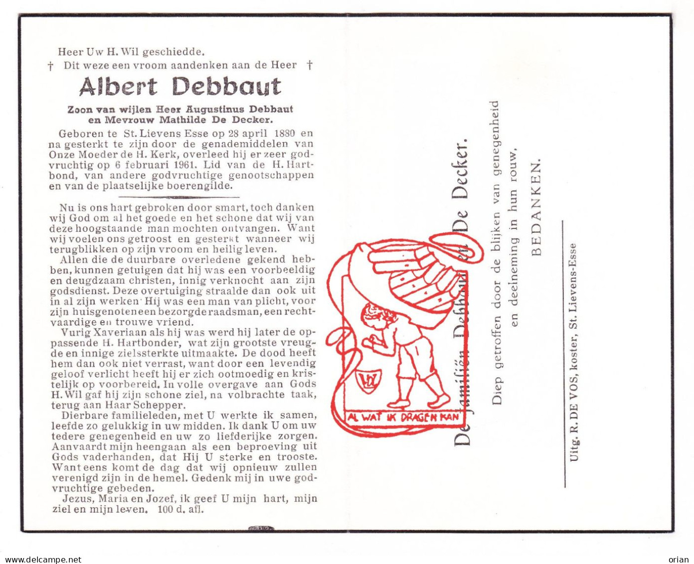 DP Albert Debbaut / De Decker // Sint-Lievens-Esse Herzele 1880 † 1961 - Devotion Images