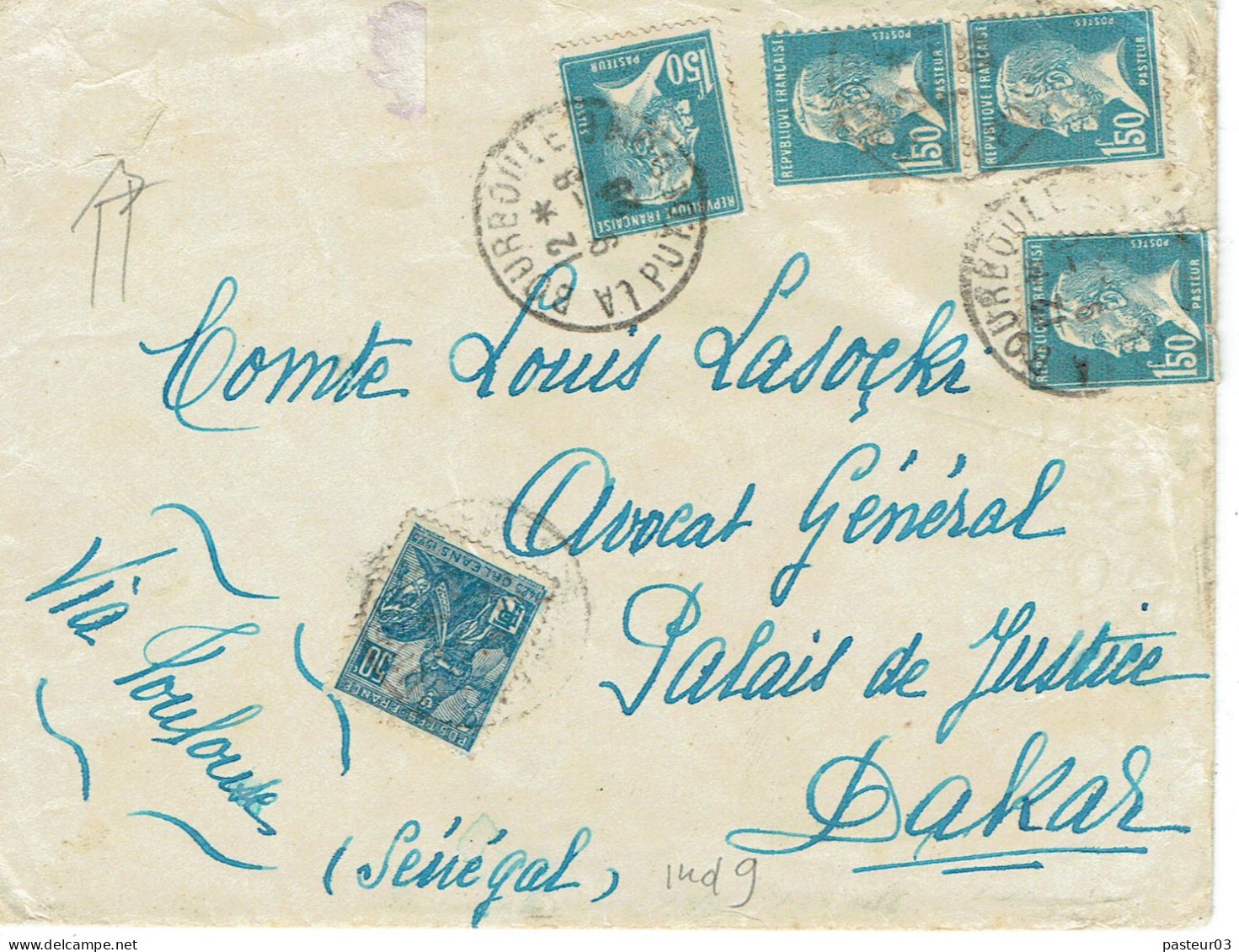 Tarifs Postaux France Du 09-08-1926 (152) Pasteur N° 181 1,50 F. X 4 + Jeanne D'Arc 50 C..Lettre Par Avion Sénégal 09-08 - 1922-26 Pasteur