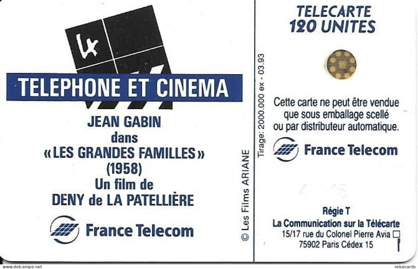 France: France Telecom 03.93 F3367A Téléphone Et Cinéma, Jean Gabin - 1993