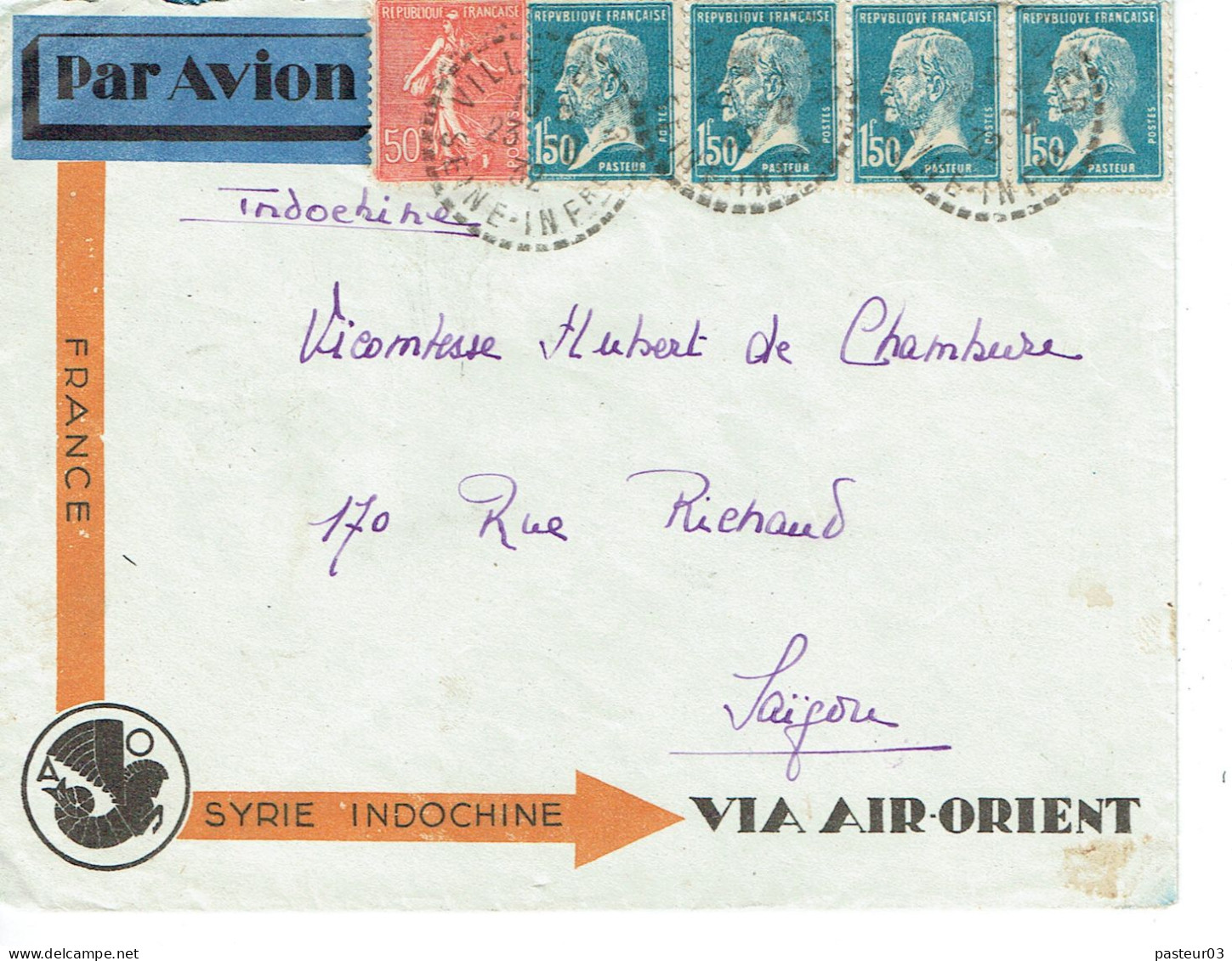 Tarifs Postaux France Du 09-08-1926 (159) Pasteur N° 181 1,50 F. X 4 + Semeuse Lignée 50 C.  Lettre Par Avion Saigon Env - 1922-26 Pasteur