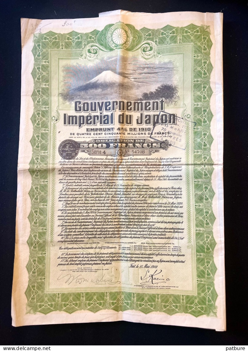 ACTION EMPRUNT GOUVERNEMENT IMPÉRIAL DU JAPON 500 FRANCS 1910 - Sonstige & Ohne Zuordnung