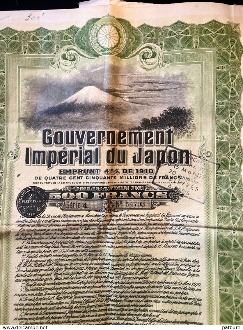ACTION EMPRUNT GOUVERNEMENT IMPÉRIAL DU JAPON 500 FRANCS 1910 - Sonstige & Ohne Zuordnung