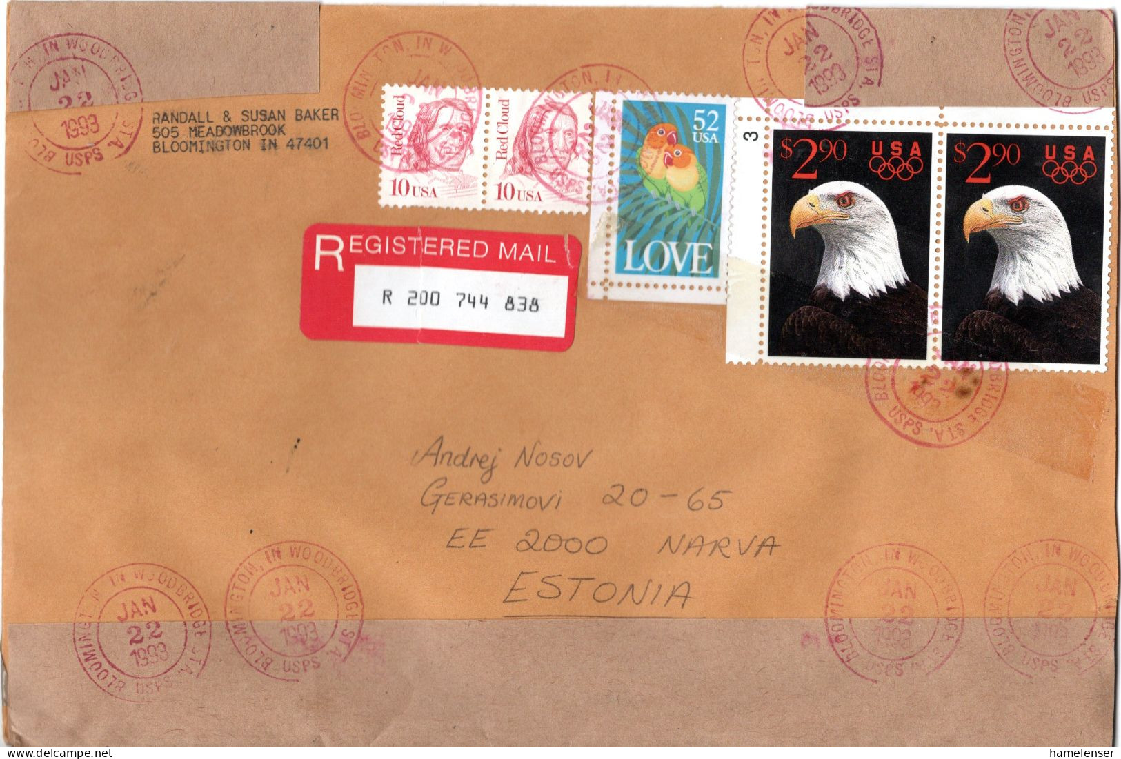 L77527 - USA - 1993 - 2@$2,90 Adler MiF A R-LpBf BLOOMINGTON, IN -> NARVA (Estland) (Klebeband Ueber Marken) - Storia Postale