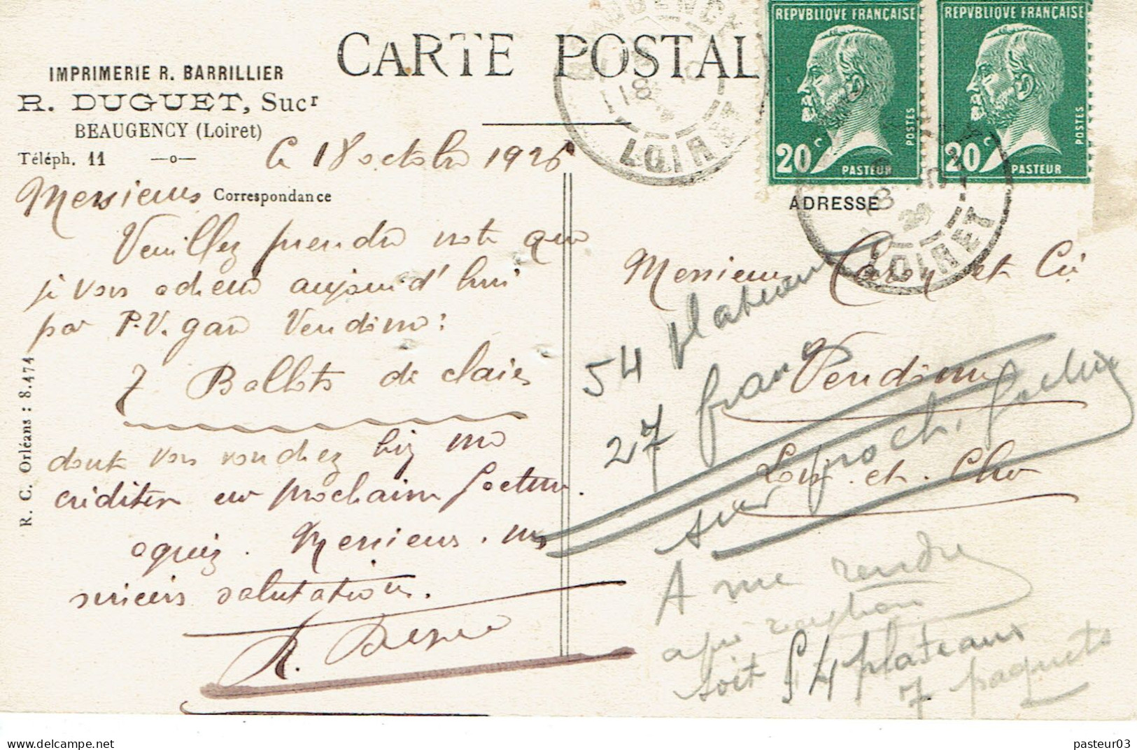Tarifs Postaux France Du 09-08-1926 (165) Pasteur N° 172 20 C. X 2 Carte Postale Ordinaire 18-10-1926 - 1922-26 Pasteur