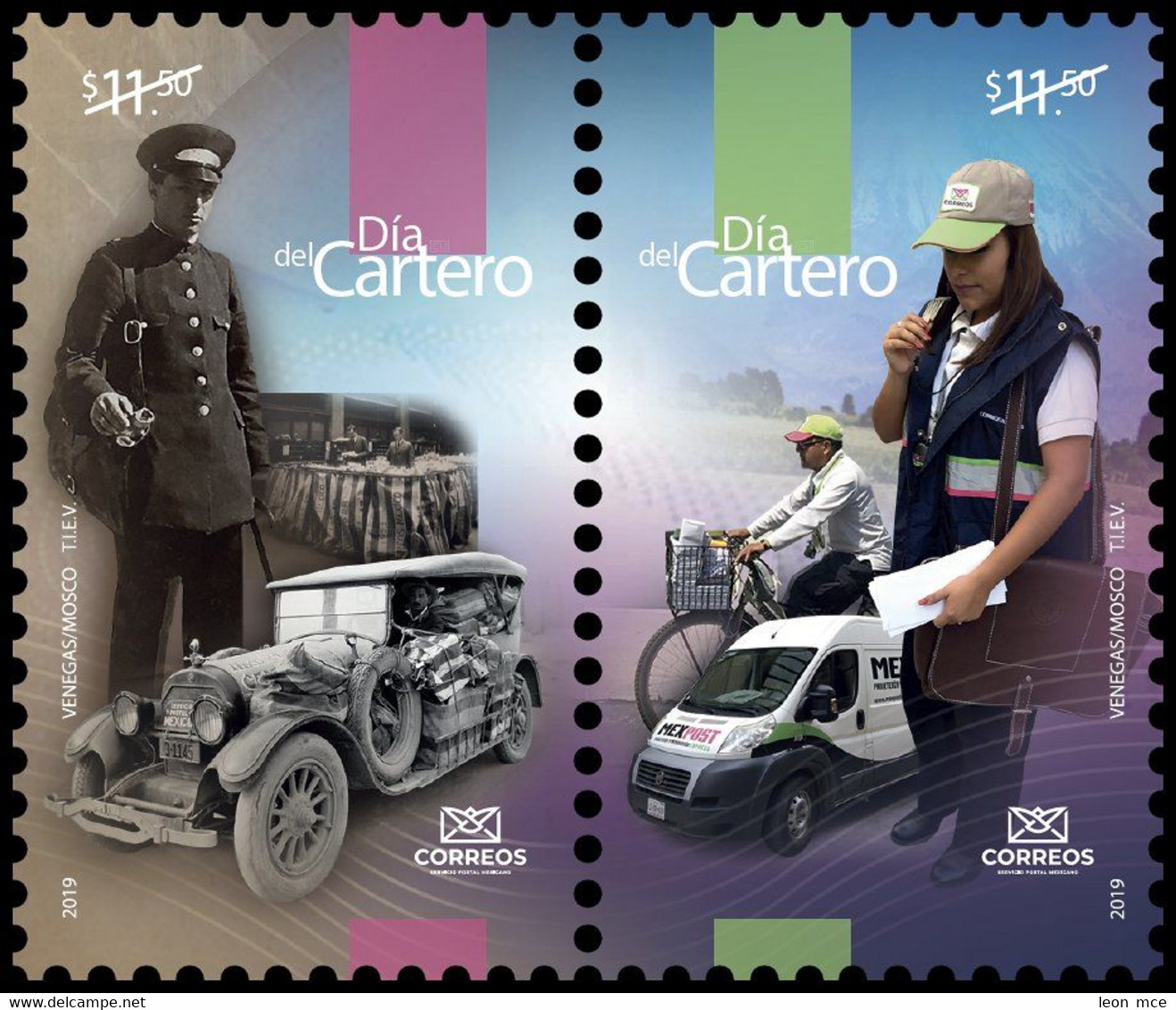 2019 MÉXICO Día Del Cartero Y El Empleado Postal SET MNH, Postman's Day And Postal Employee Bicycle Car Truck Express - Mexiko