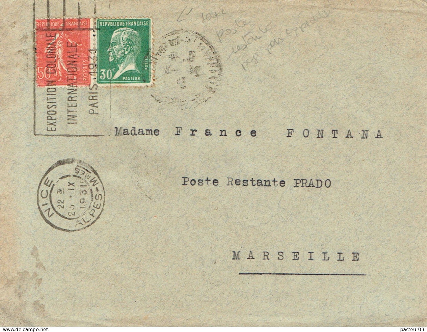 Tarifs Postaux France Du 09-08-1926 (176) Pasteur N° 174 30 C. Taxe Poste Restante Payée  L'avance  + Semeuse  50 C. Tar - 1922-26 Pasteur