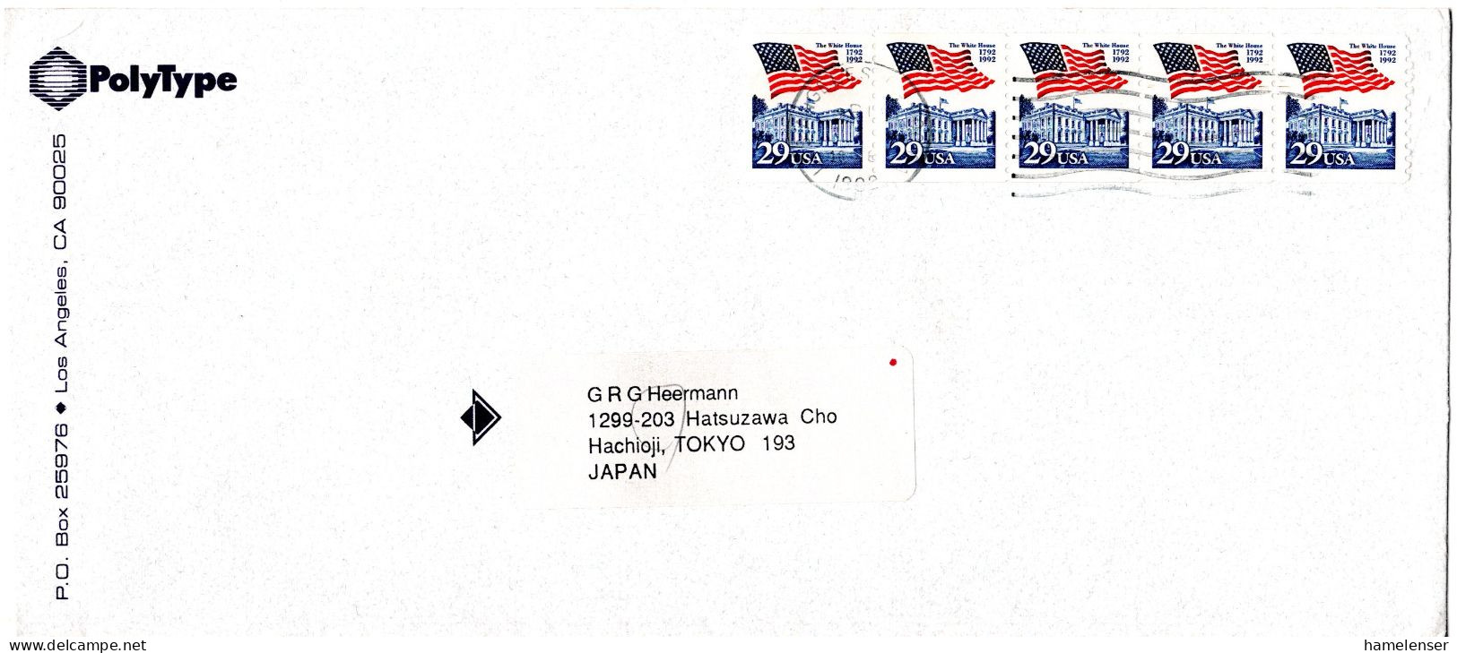 L77528 - USA - 1992 - 5@29¢ Weisses Haus & Flagge A LpBf LOS ANGELES, CA -> Japan - Covers & Documents