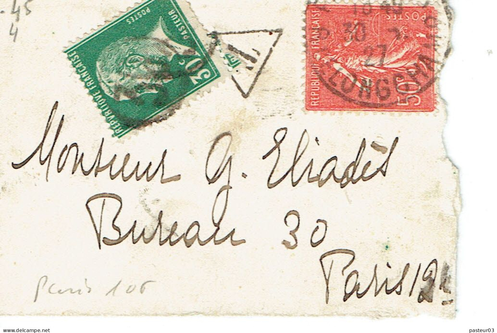 Tarifs Postaux France Du 09-08-1926 (178) Pasteur N° 174 30 C.  Taxe Poste Restante  Payée Avec Timbre Ordinaire + Semeu - 1922-26 Pasteur