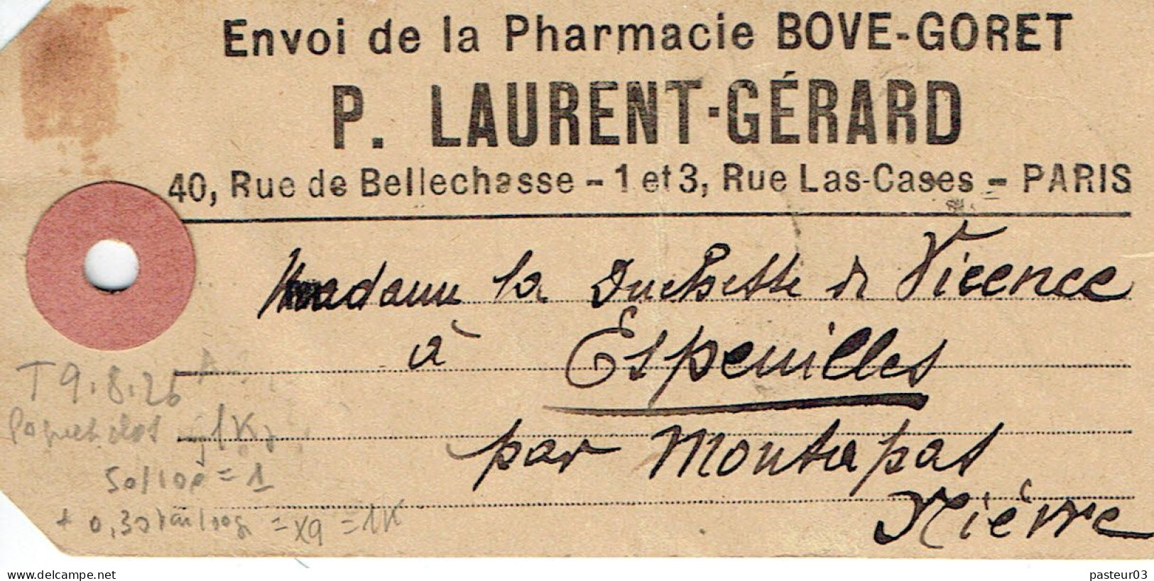 Tarifs Postaux France Du 09-08-1926 (186) Pasteur N° 179 1,00 F. X3 + Semeuse 40 C. + 10 C. Colis  Supérieur 1 Kg -- 09- - 1922-26 Pasteur