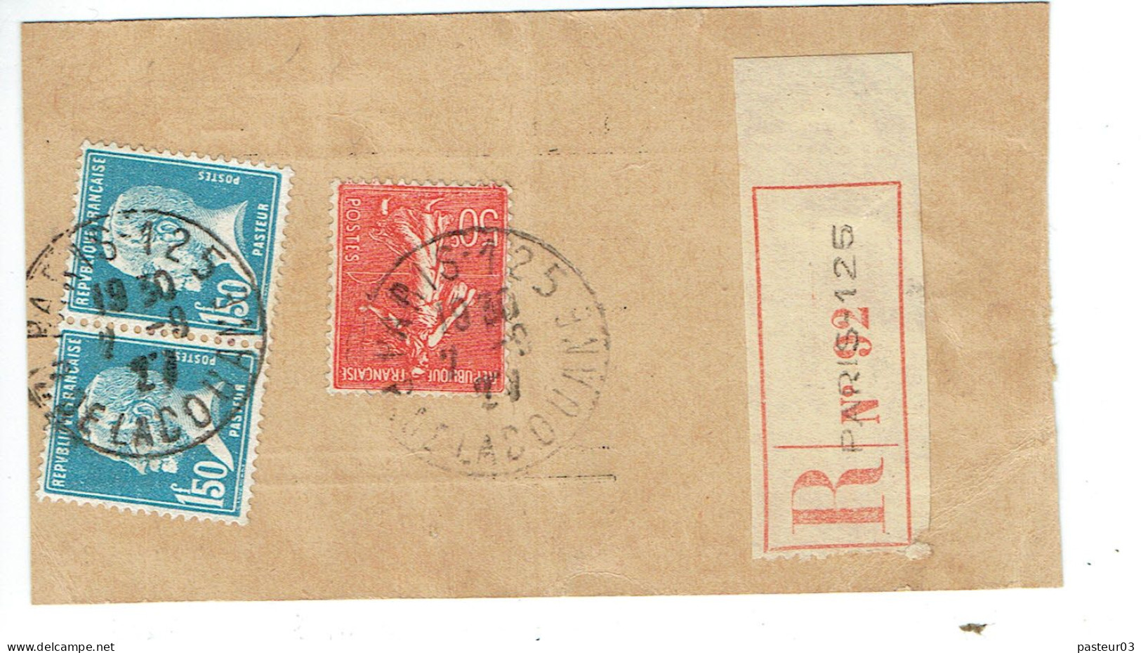 Tarifs Postaux France Du 09-08-1926 (186) Pasteur N° 181 1,50 F. X 2 + Semeuse 50 C. Colis Recommandé  600 G. 07-09-1927 - 1922-26 Pasteur