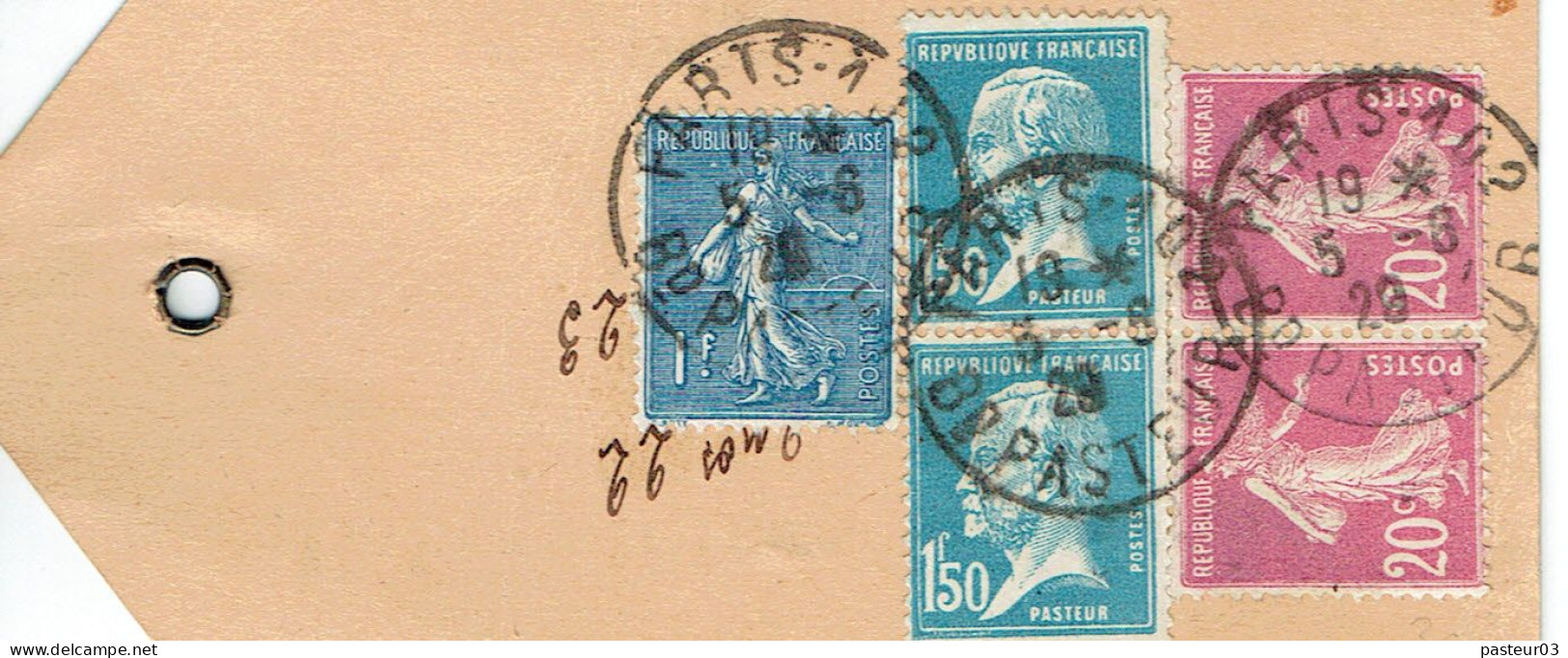 Tarifs Postaux France Du 09-08-1926 (187) Pasteur N° 181 1,50 F. X2 + Semeuse Lignée 1,00 F.+ 20 C. Colis 2100 G. 05-06- - 1922-26 Pasteur