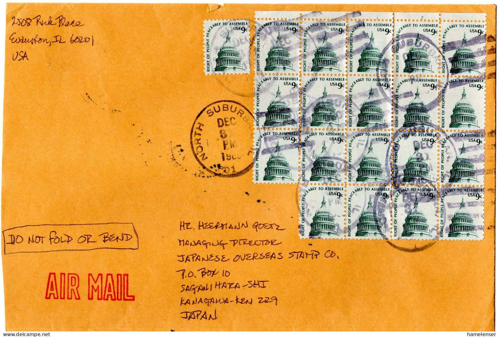 L77529 - USA - 1989 - 20@9¢ Kapitol A LpBf NORTH SUBURBAN, IL -> Japan - Covers & Documents