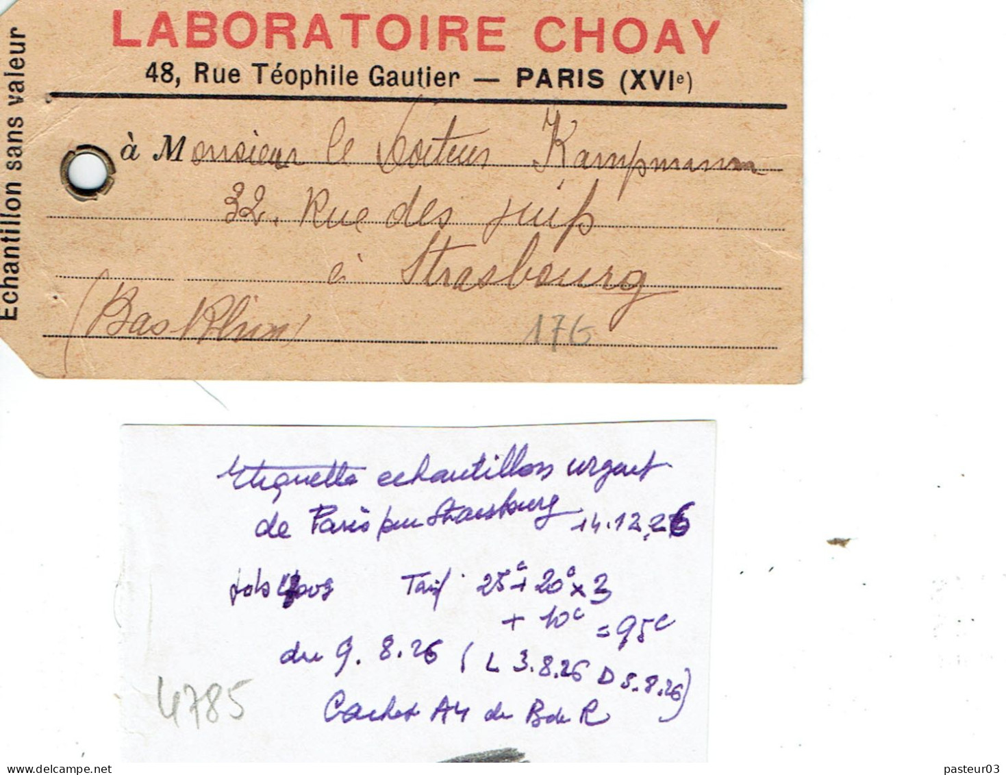 Tarifs Postaux France Du 09-08-1926 (188) Pasteur N° 176 50 C. + Pasteur N° 175 45 C.  Colis Sup. 200 G. - 1922-26 Pasteur