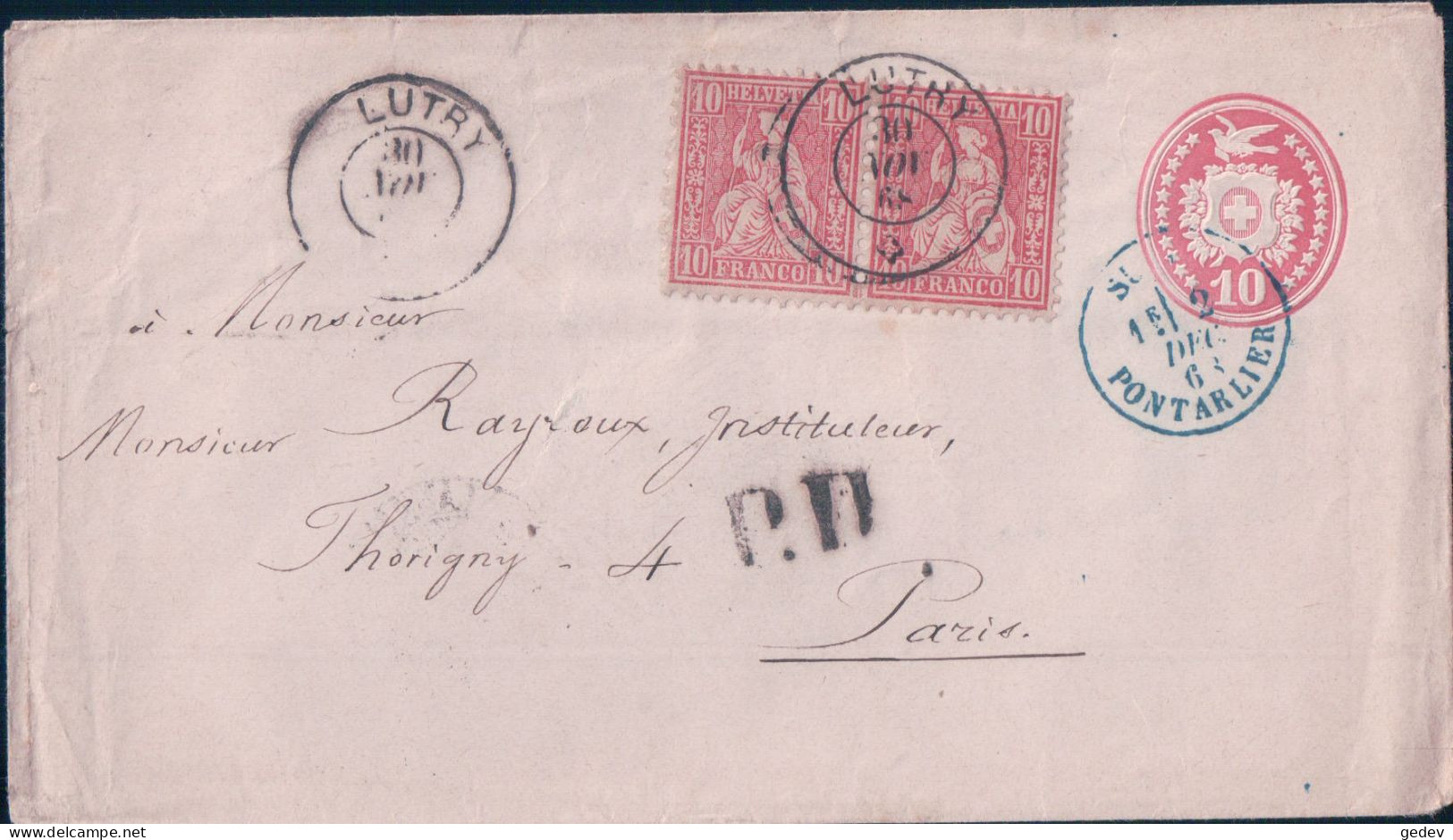 Suisse, Lettre Entier Postal 10 Ct + Timbres Et P.D. Noir, Lutry - Pontarlier - Paris, 30 NOV 1868 - Ganzsachen