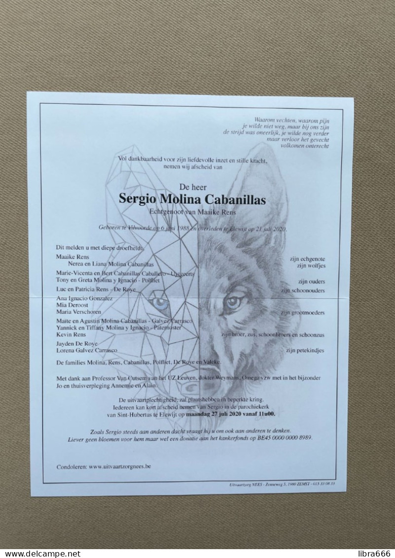 MOLINA CABANILLAS Sergio °VILVOORDE 1988 +ELEWIJT 2020 - RENS - POLfliet - DE ROYE - VALCKE - UYTGEERTS - DEROOST - Todesanzeige