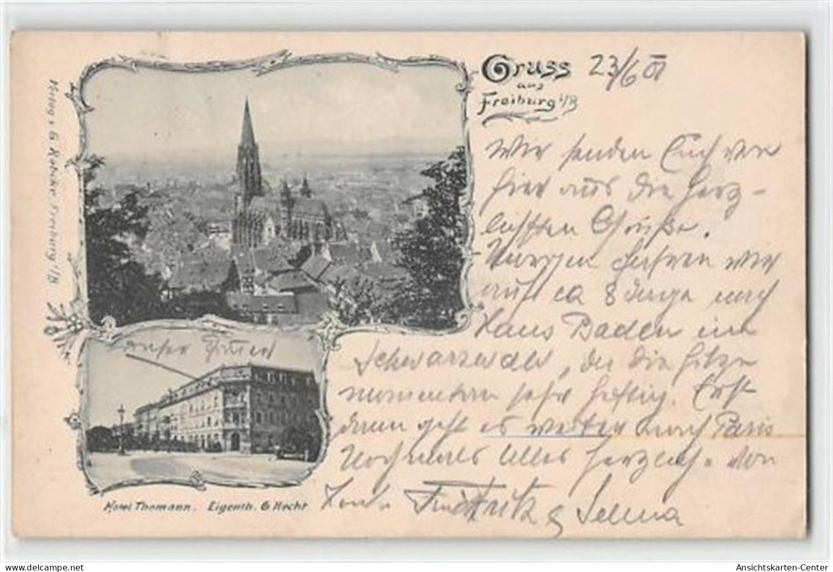 39110404 - Freiburg, Lithographie. Hotel Thomann Gelaufen. Marke Entfernt, Leichte Abrissspuren. Leichter Stempeldurchd - Freiburg I. Br.