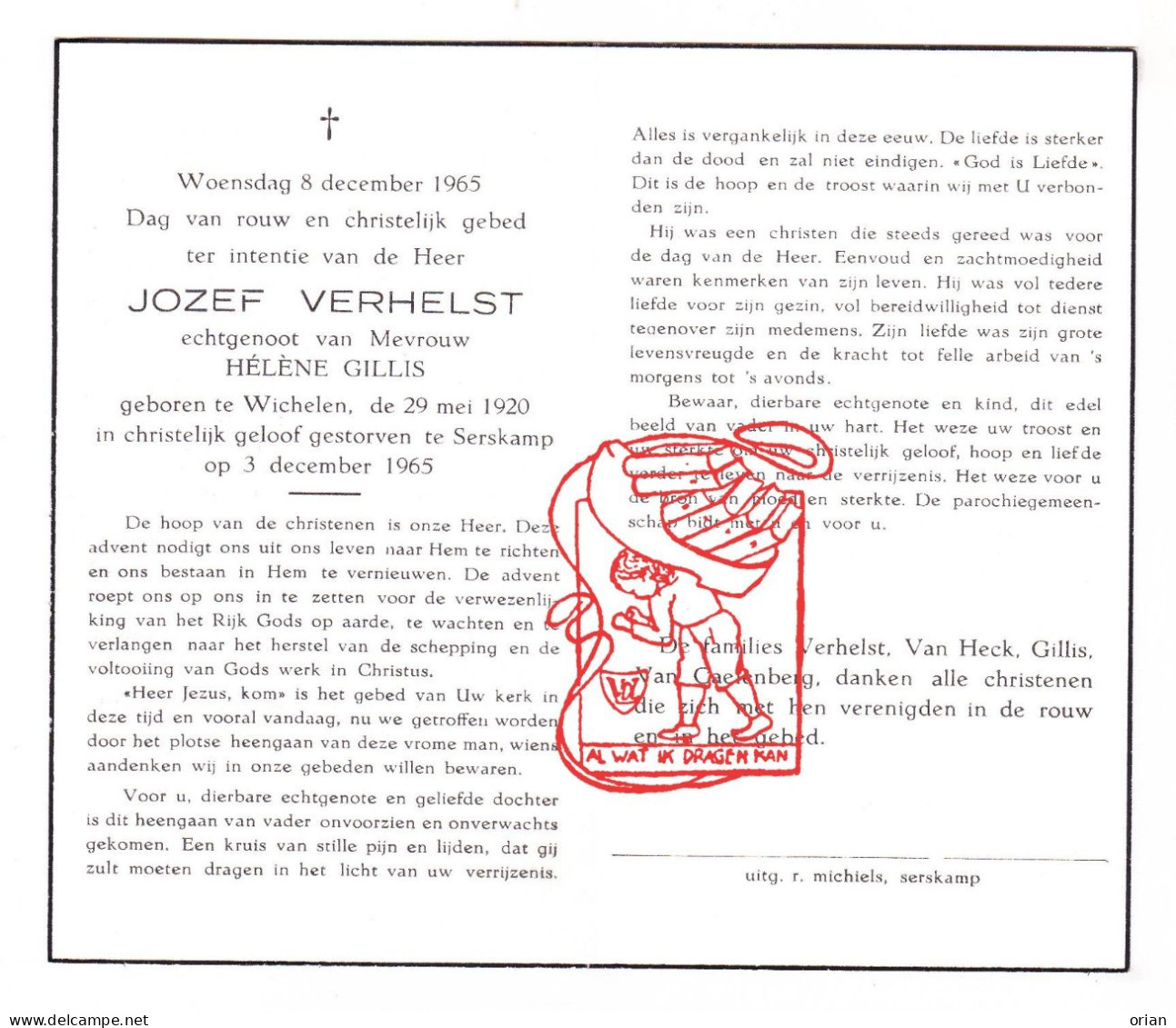 DP Jozef Verhelst ° Wichelen 1920 † Serskamp 1965 X Hélène Gillis // Van Heck Van Caelenberg - Images Religieuses