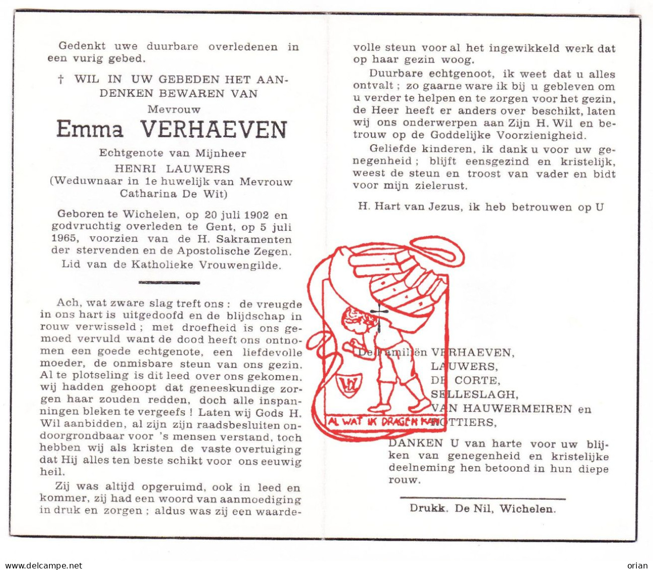 DP Emma Verhaeven ° Wichelen 1902 † Gent 1965 X Henri Lauwers // De Corte Selleslagh Van Hauwermeiren Rottiers De Wit - Andachtsbilder