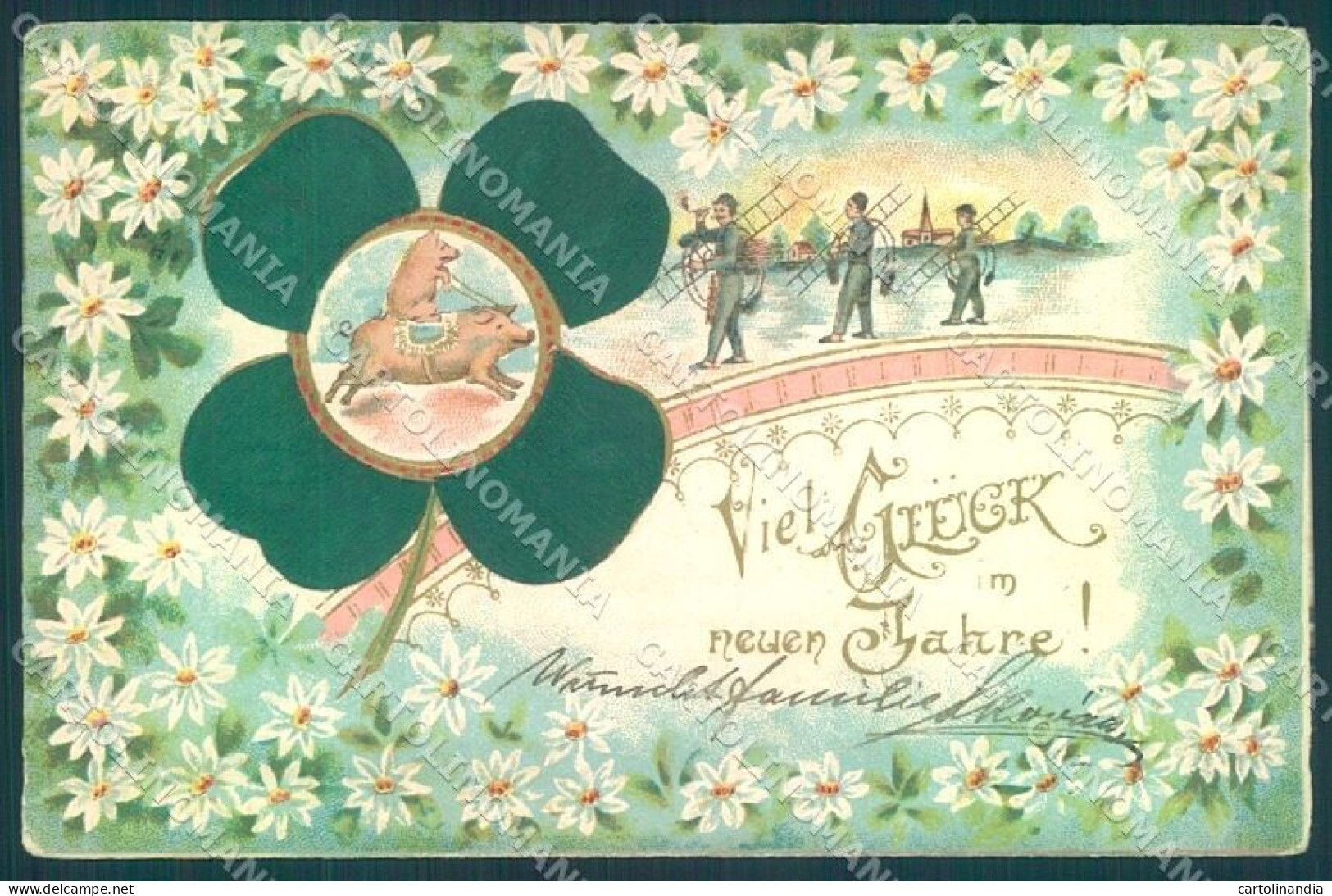 Greetings New Year Pig Four Leaf Clover Chimney Sweep Silk Relief Pc TW1729 - Andere & Zonder Classificatie