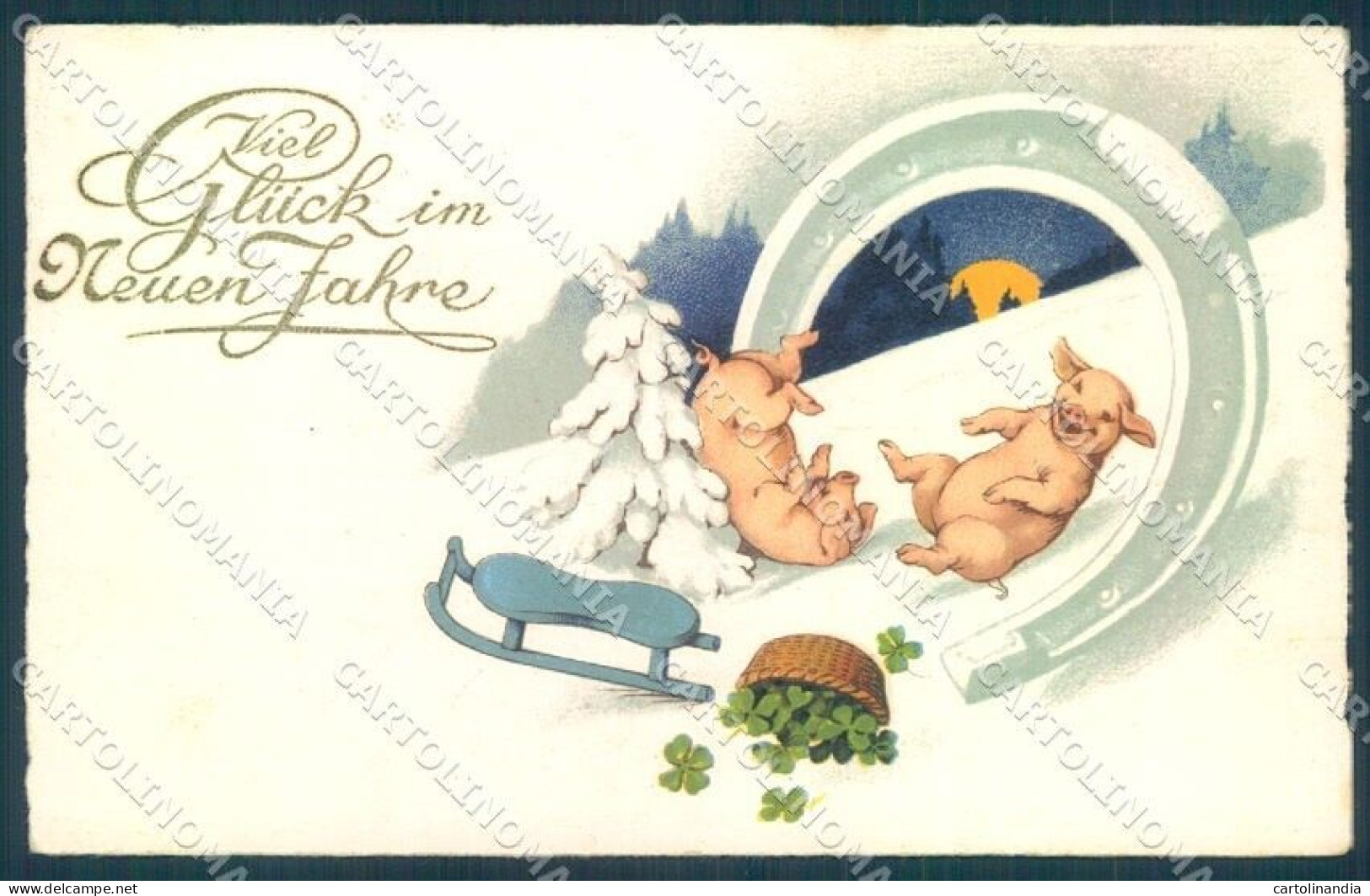 New Year Pig Sleigh Four Leaf Clover Horseshoe Serie 3226 Postcard TW1380 - Other & Unclassified