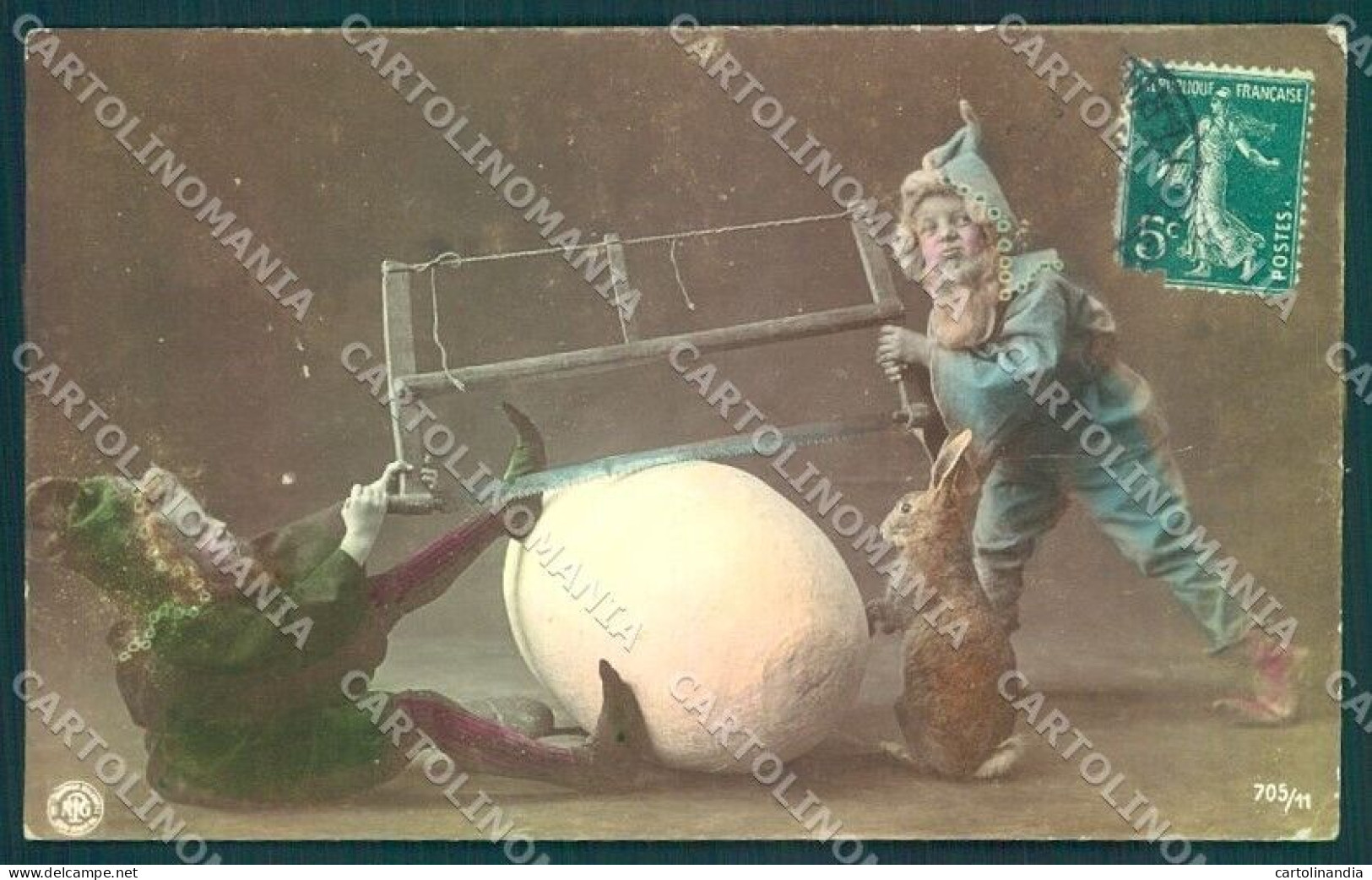 Greetings Easter Egg Hare Children Gnome NPG 705-11 Oranotypie RPPC Pc TW2042 - Other & Unclassified