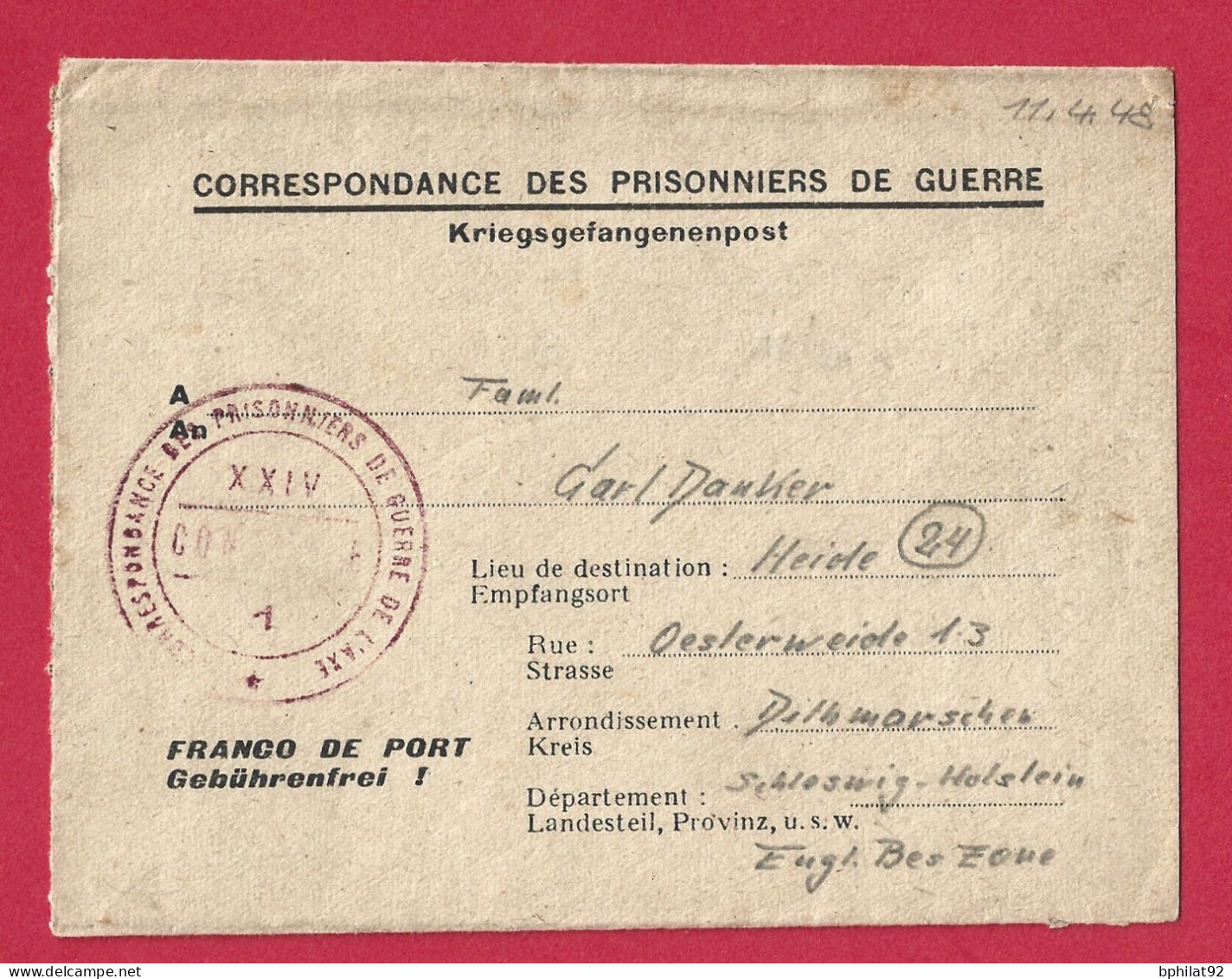 !!! CORRESPONDANCE DES PRISONNIERS DE GUERRE DE LA FRANCE POUR L'ALLEMAGNE D'AVRIL 1948 - 2. Weltkrieg 1939-1945