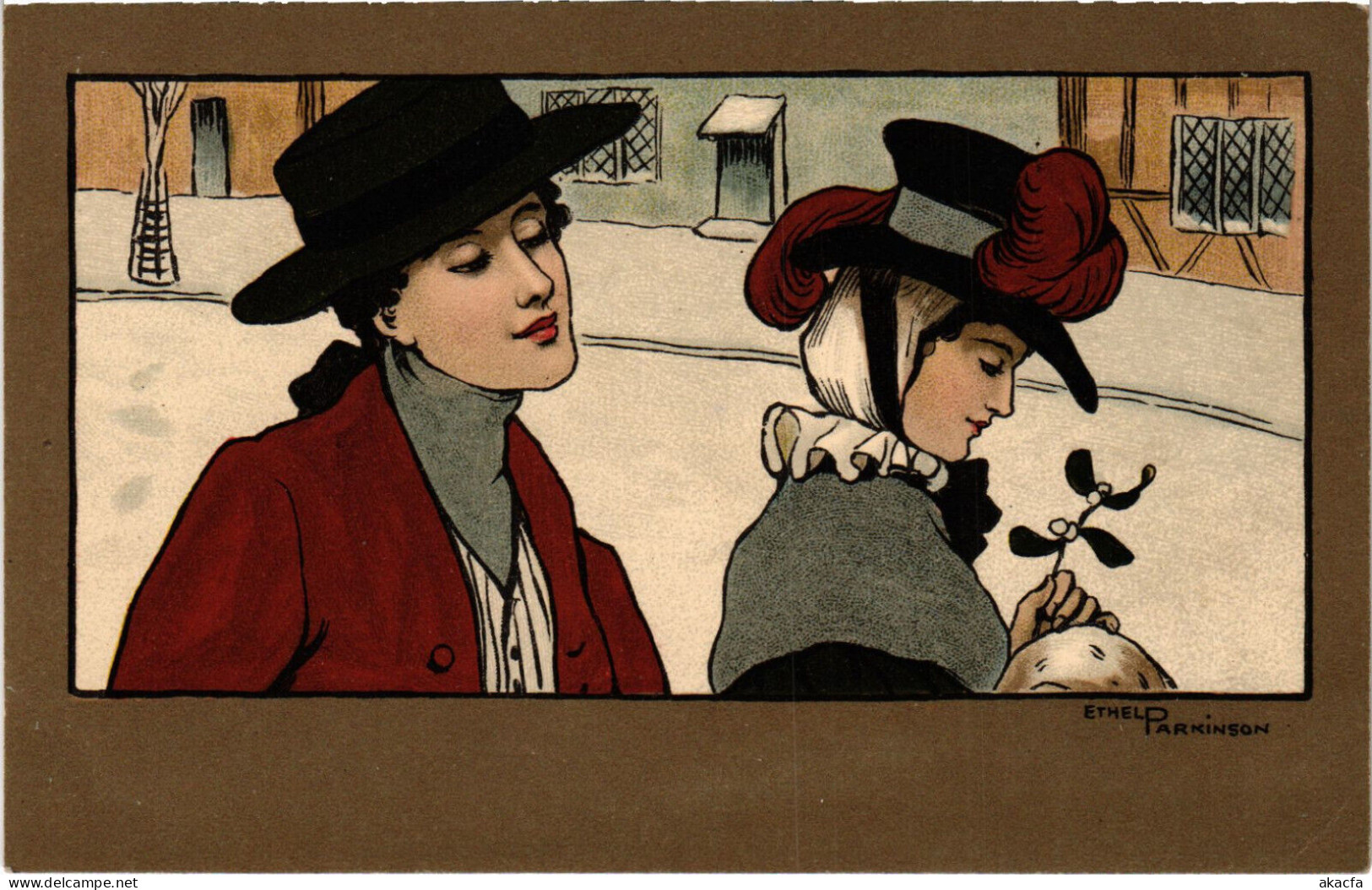 PC ARTIST SIGNED, PARKINSON, TWO LADIES IN THE SNOW, Vintage Postcard (b52985) - Parkinson, Ethel