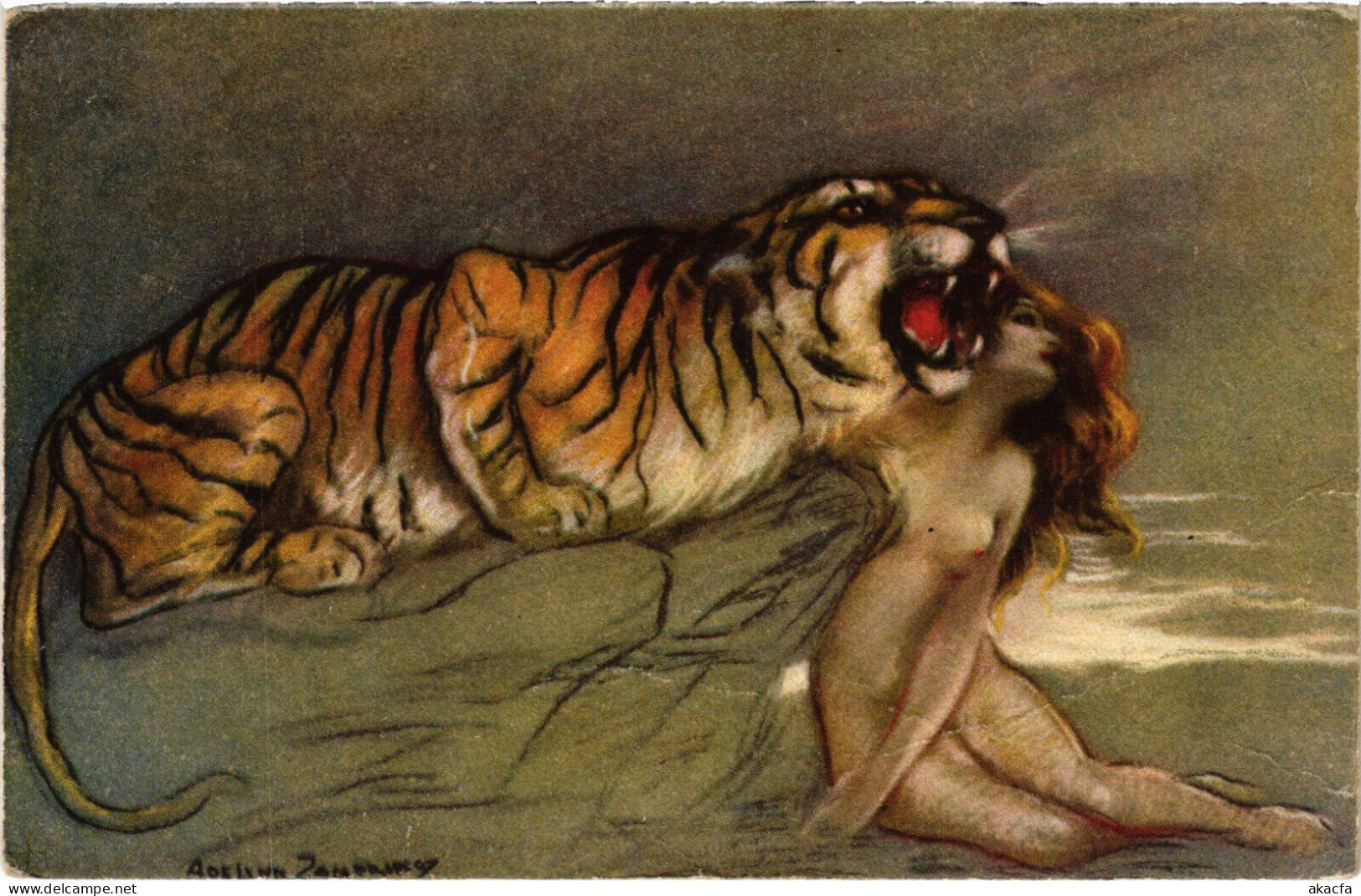 PC ARTIST SIGNED, ZANDINO, LADY WITH A TIGER, Vintage Postcard (b52947) - Zandrino